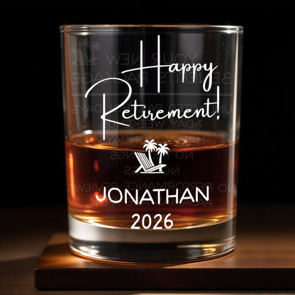 Happy Retirement Beach Chair And Palm Trees - Personalized Custom Whiskey Glass - RETIRE100_RWG