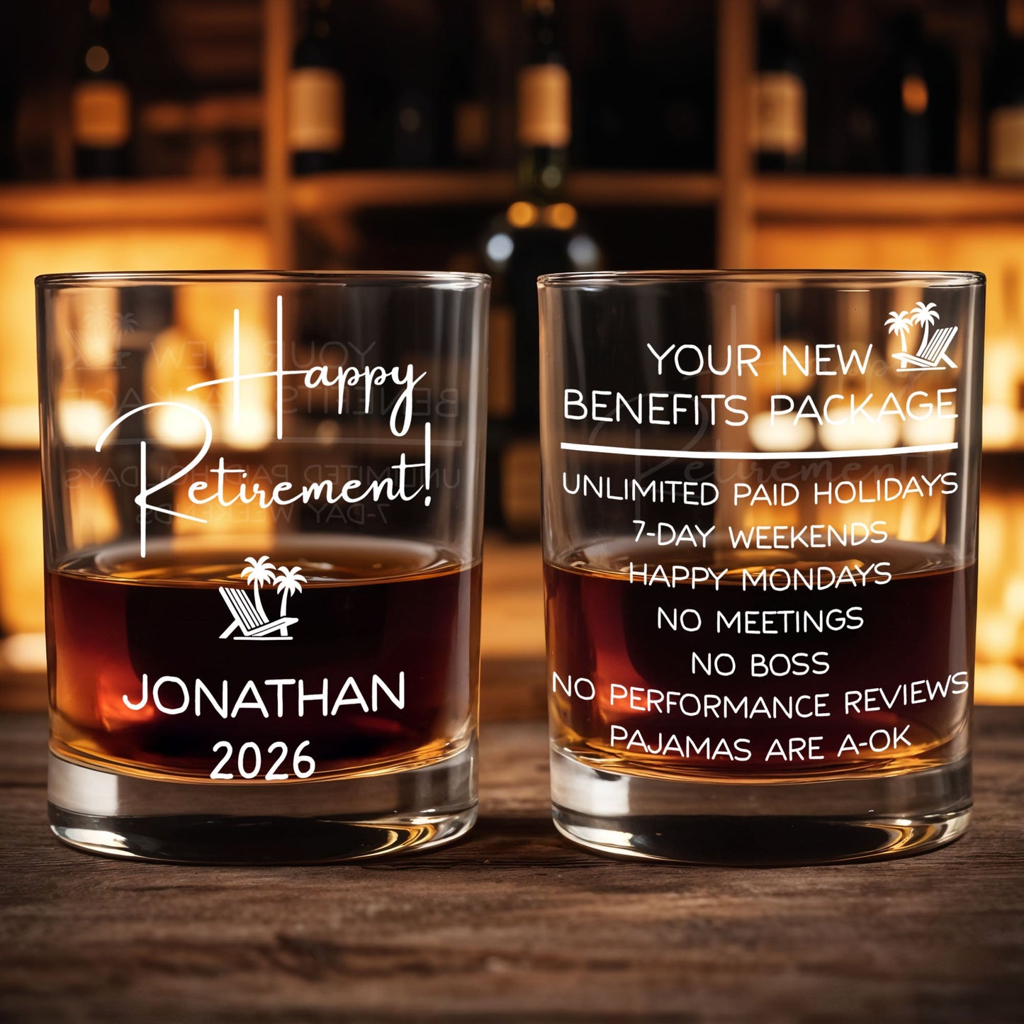 Happy Retirement Beach Chair And Palm Trees - Personalized Custom Whiskey Glass - RETIRE100_RWG