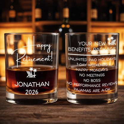 Happy Retirement Beach Chair And Palm Trees - Personalized Custom Whiskey Glass - RETIRE100_RWG