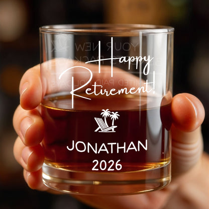Happy Retirement Beach Chair And Palm Trees - Personalized Custom Whiskey Glass - RETIRE100_RWG