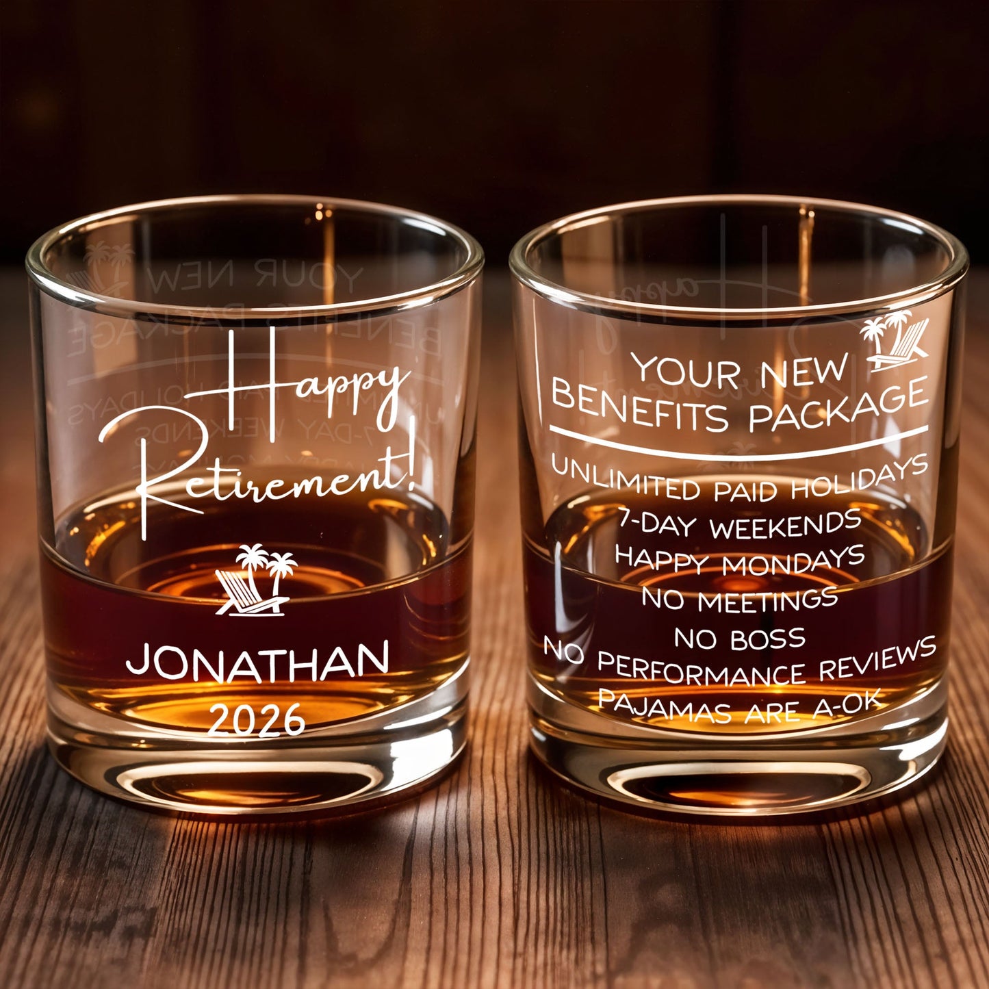 Happy Retirement Beach Chair And Palm Trees - Personalized Custom Whiskey Glass - RETIRE100_RWG