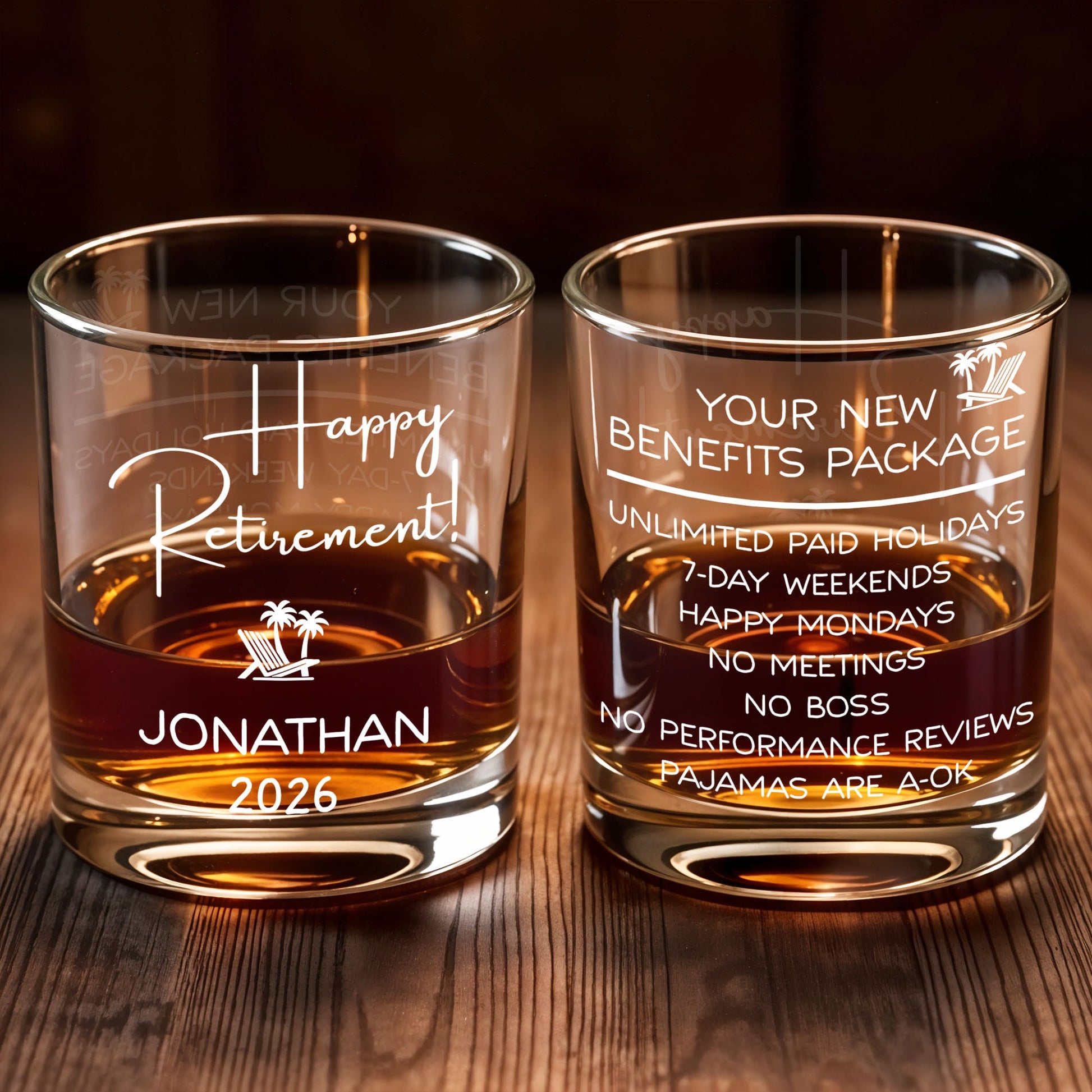 Happy Retirement Beach Chair And Palm Trees - Personalized Custom Whiskey Glass - RETIRE100_RWG