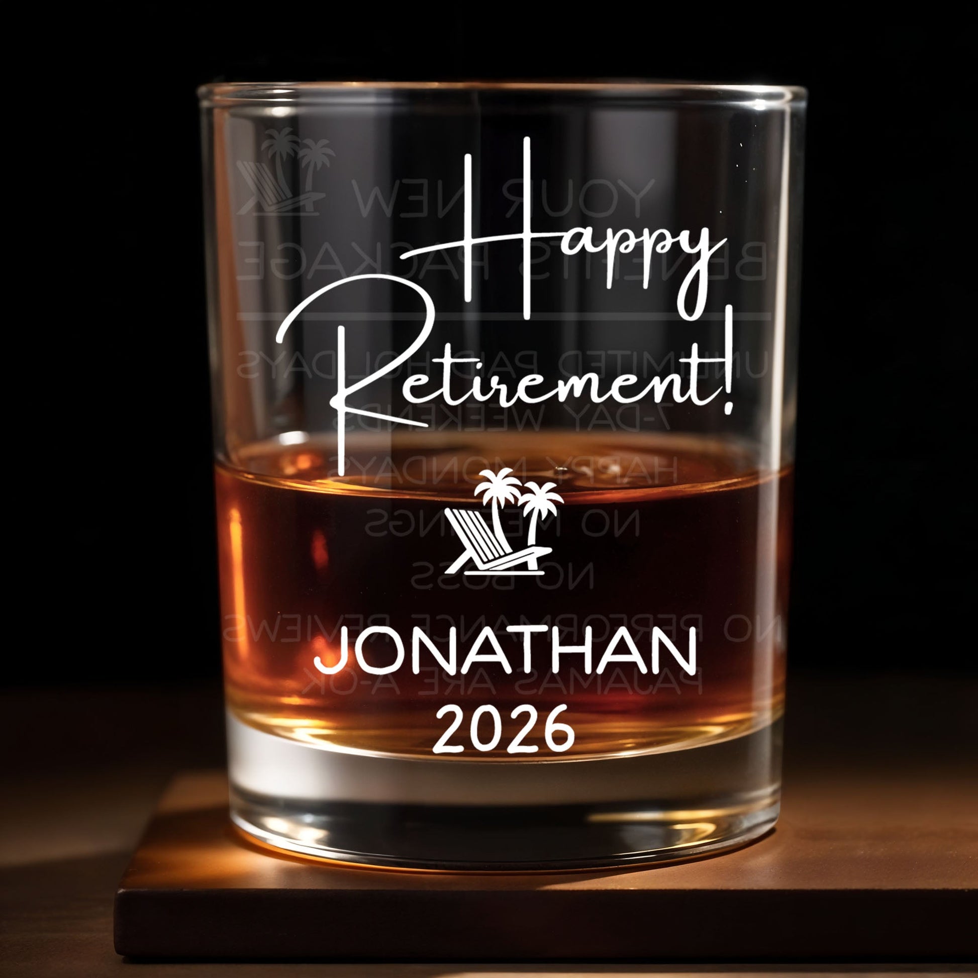 Happy Retirement Beach Chair And Palm Trees - Personalized Custom Whiskey Glass - RETIRE100_RWG
