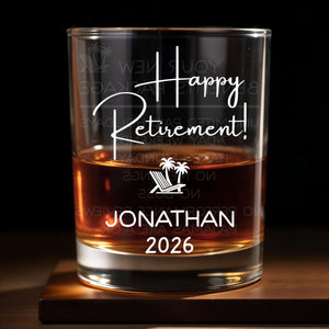 Happy Retirement Beach Chair And Palm Trees - Personalized Custom Whiskey Glass - RETIRE100_RWG