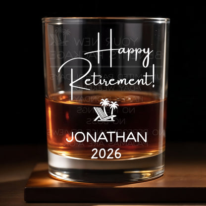 Happy Retirement Beach Chair And Palm Trees - Personalized Custom Whiskey Glass - RETIRE100_RWG
