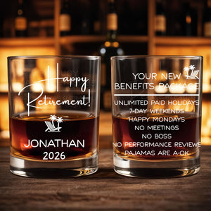 Happy Retirement Beach Chair And Palm Trees - Personalized Custom Whiskey Glass - RETIRE100_RWG