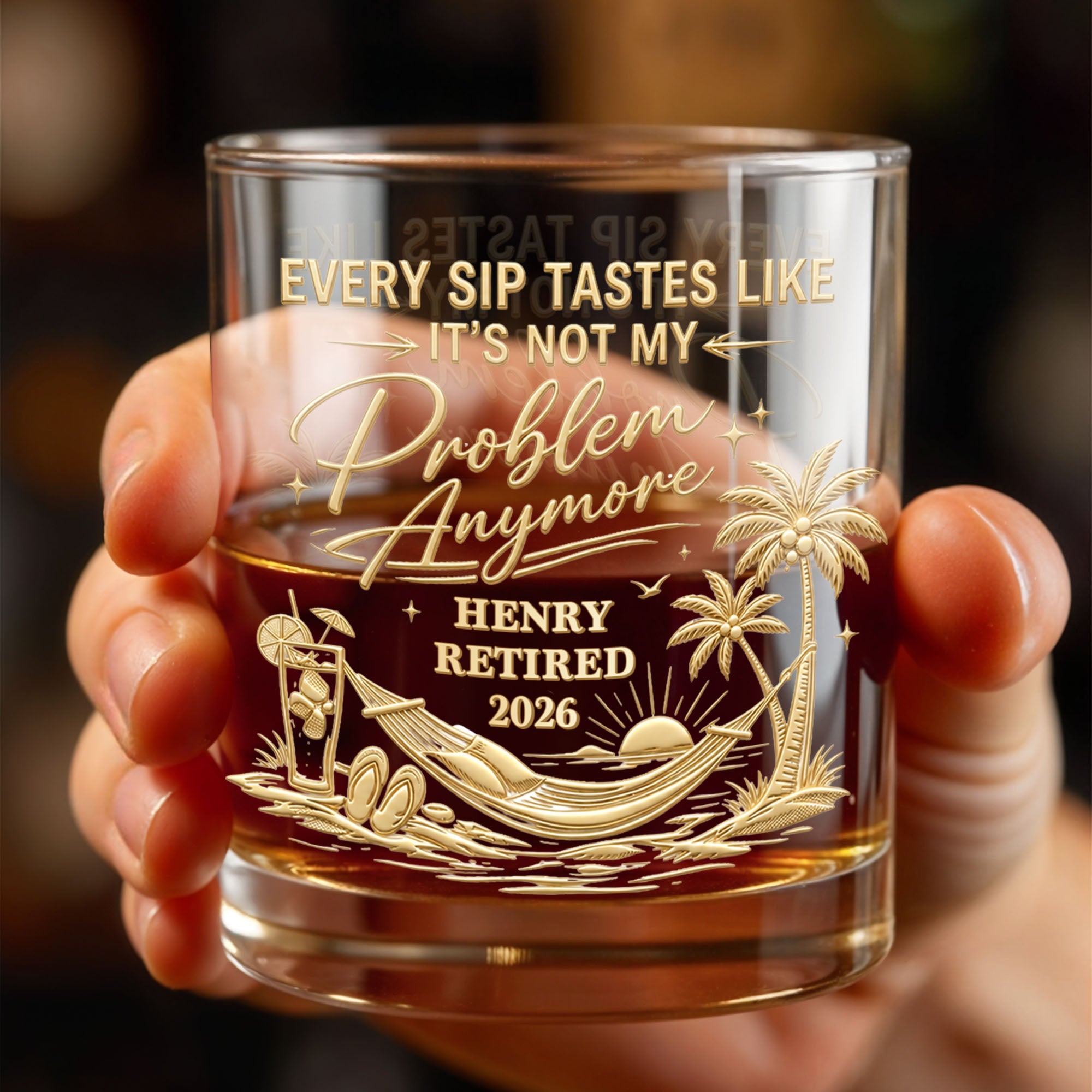 Every Sip Tastes Like It's Not My Problem Anymore Retirement Palm Tree - Personalized Custom Whiskey Glass - RETIRE103_RWG