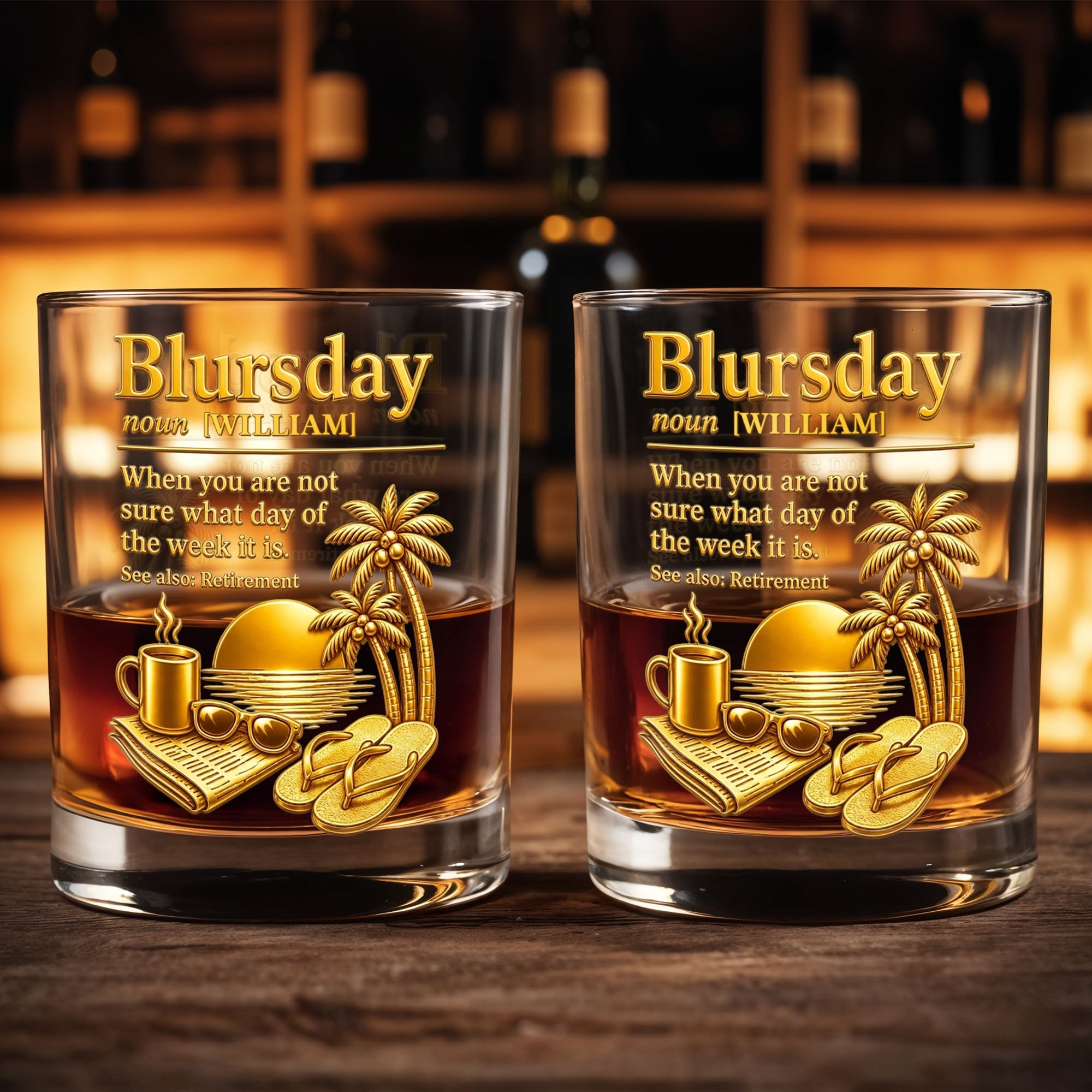 Blursday Retirement Definition With Palm Trees And Sunset Golden Design - Personalized Custom Whiskey Glass - RETIRE113_RWG