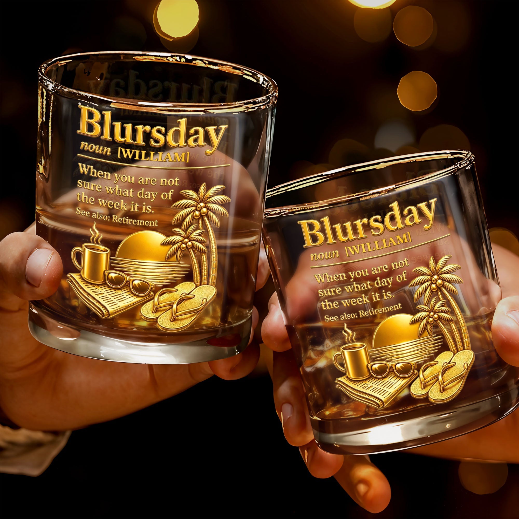 Blursday Retirement Definition With Palm Trees And Sunset Golden Design - Personalized Custom Whiskey Glass - RETIRE113_RWG