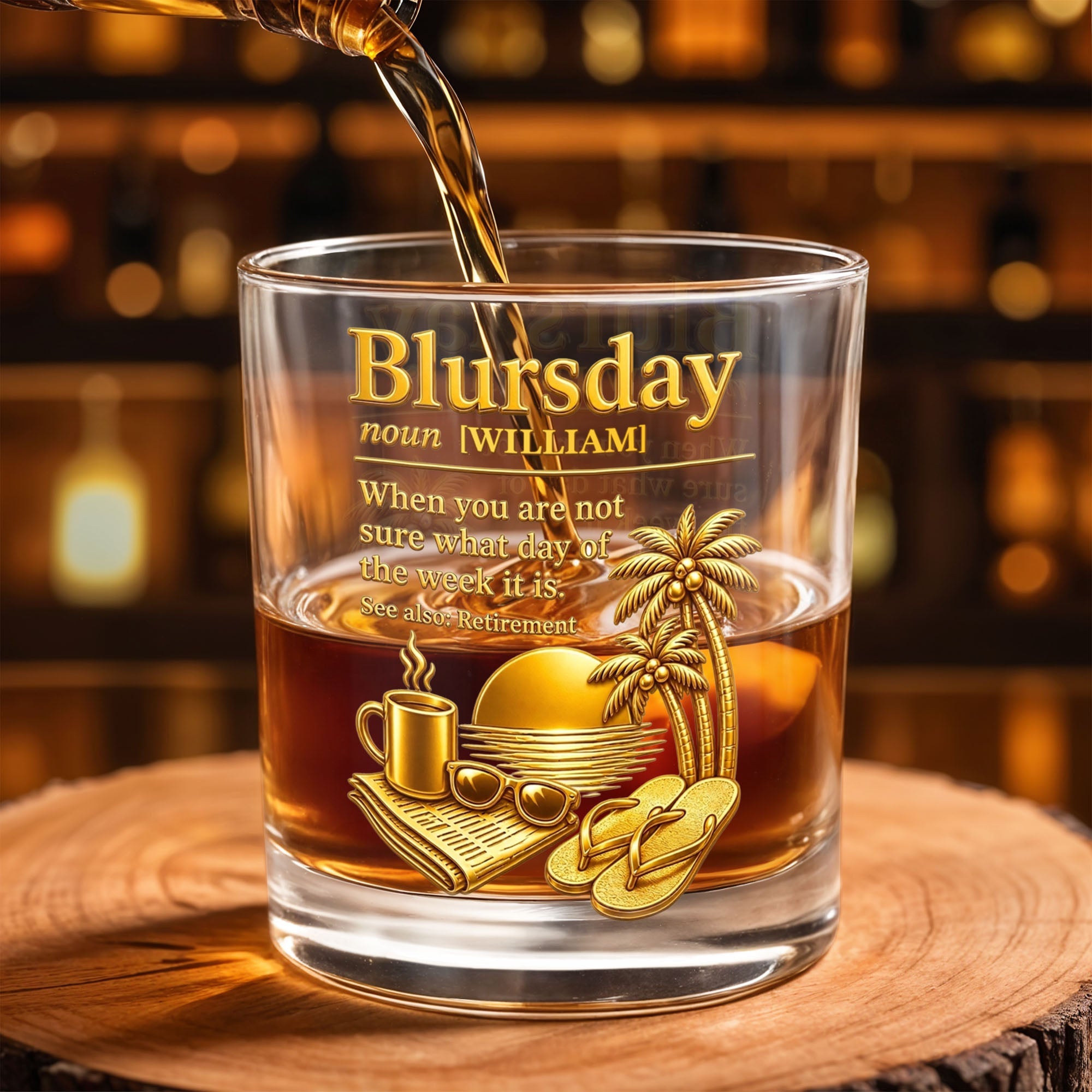 Blursday Retirement Definition With Palm Trees And Sunset Golden Design - Personalized Custom Whiskey Glass - RETIRE113_RWG