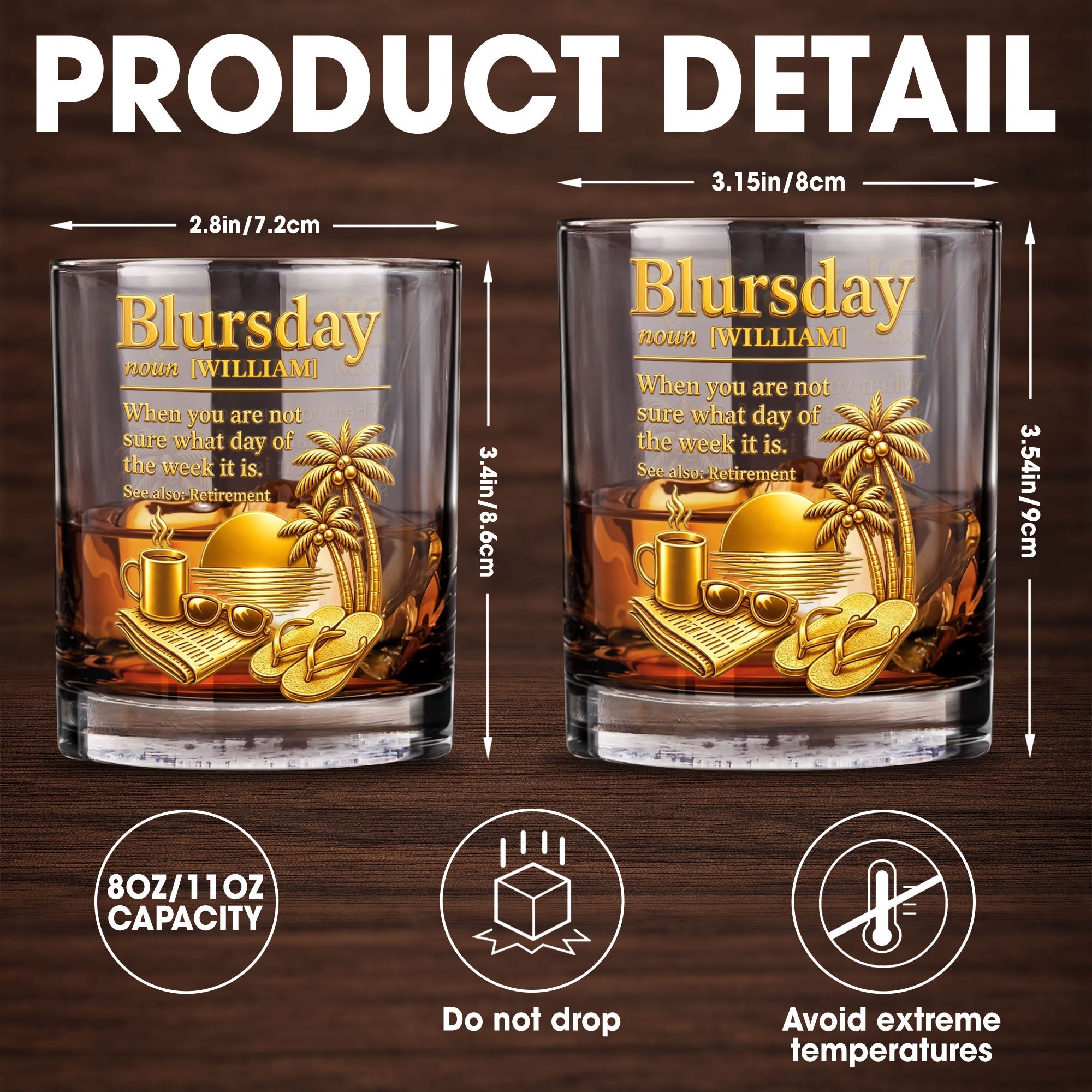 Blursday Retirement Definition With Palm Trees And Sunset Golden Design - Personalized Custom Whiskey Glass - RETIRE113_RWG