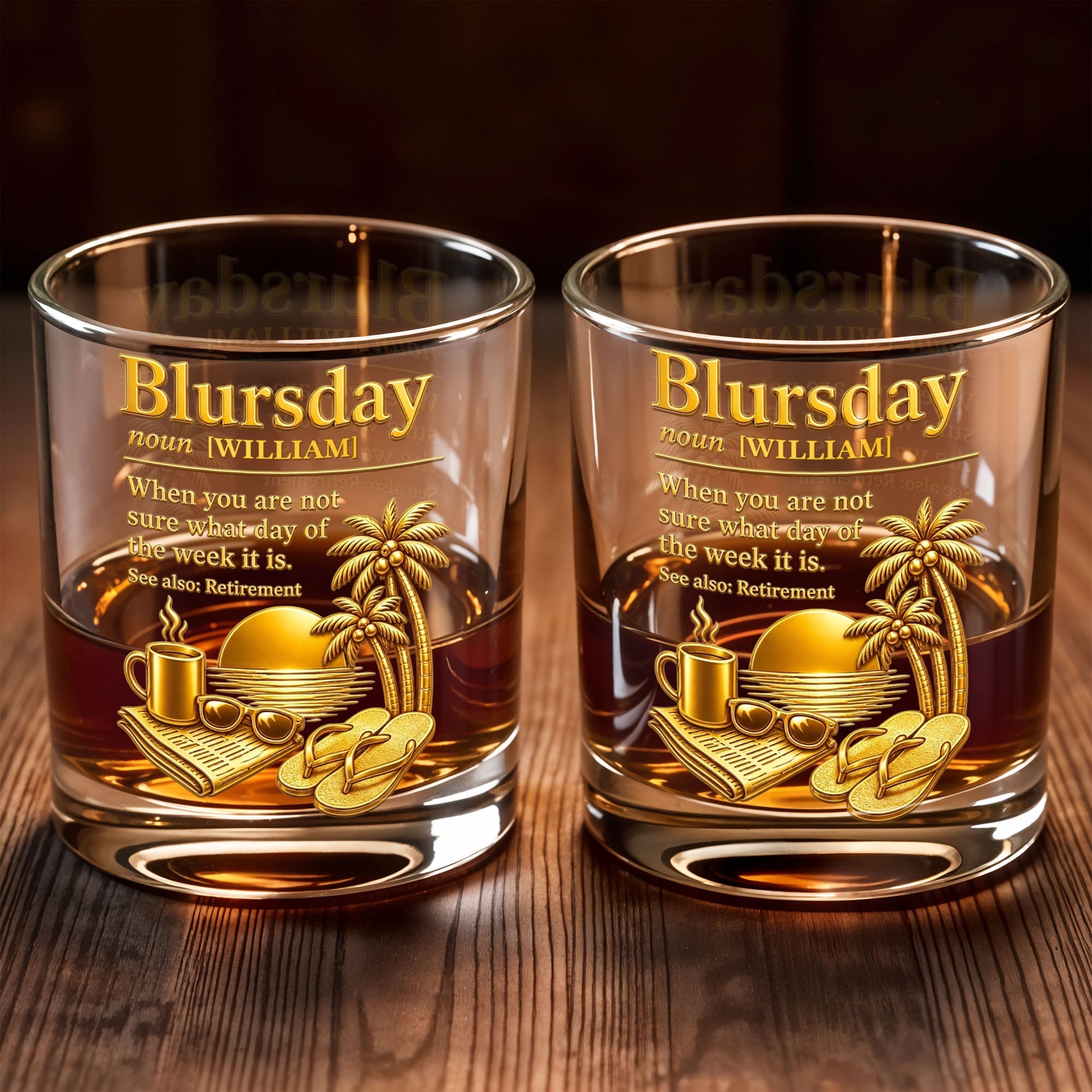 Blursday Retirement Definition With Palm Trees And Sunset Golden Design - Personalized Custom Whiskey Glass - RETIRE113_RWG