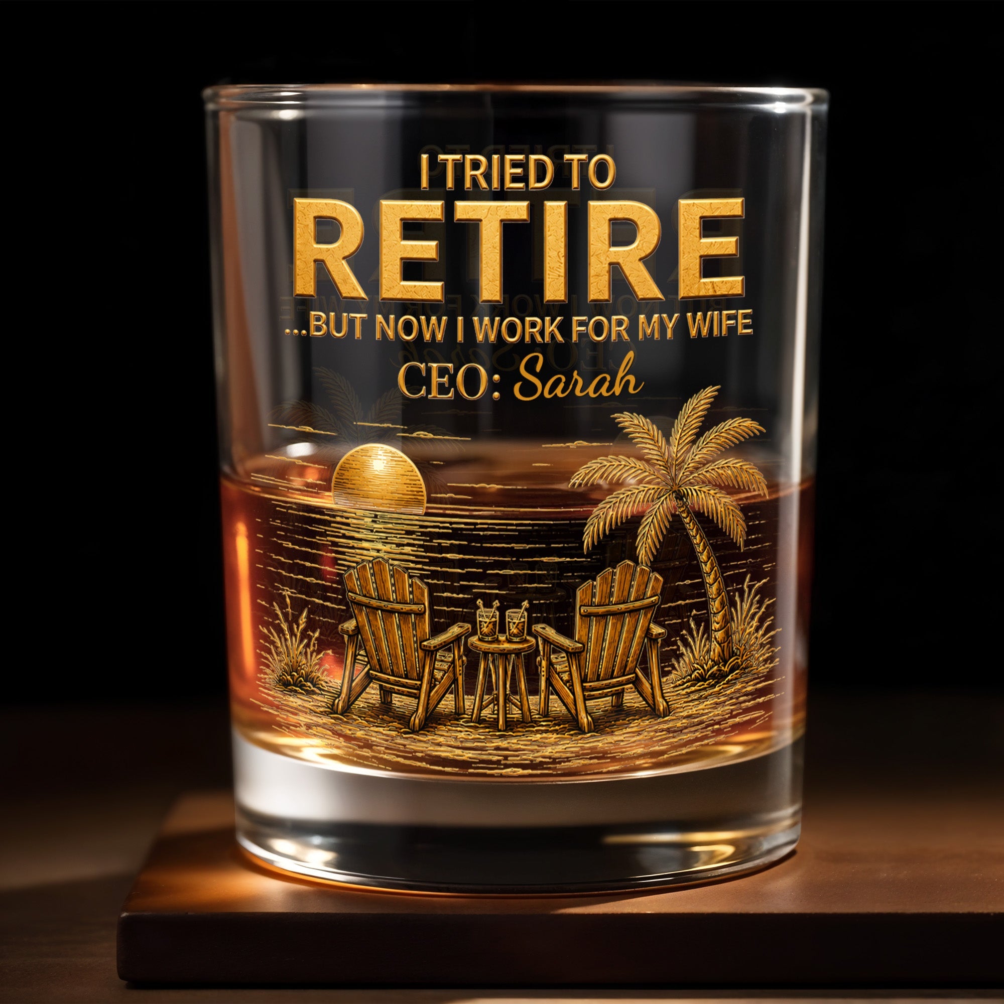 I Tried To Retire But Now I Work For My Wife Beach Scene - Personalized Custom Whiskey Glass - RETIRE135_RWG