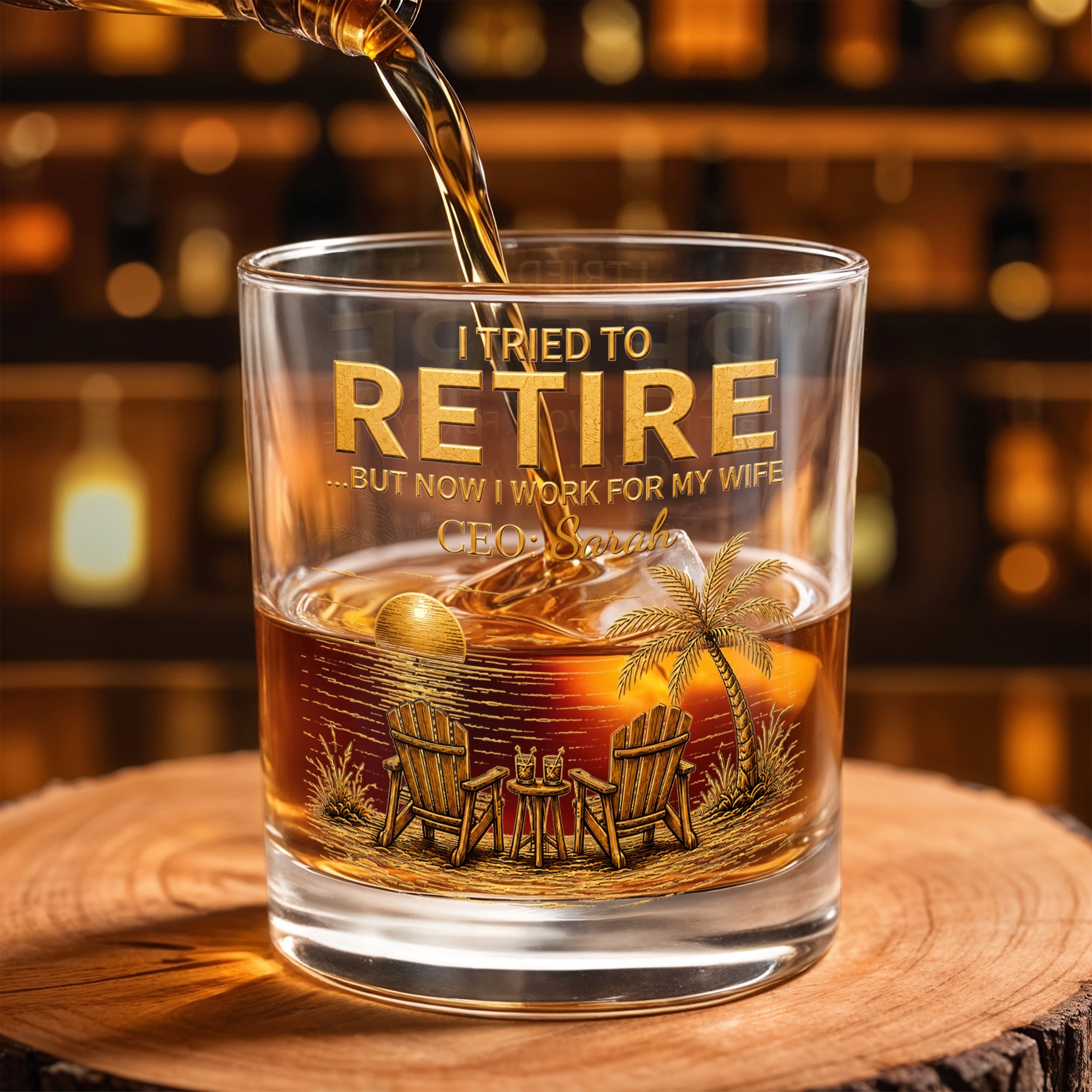 I Tried To Retire But Now I Work For My Wife Beach Scene - Personalized Custom Whiskey Glass - RETIRE135_RWG