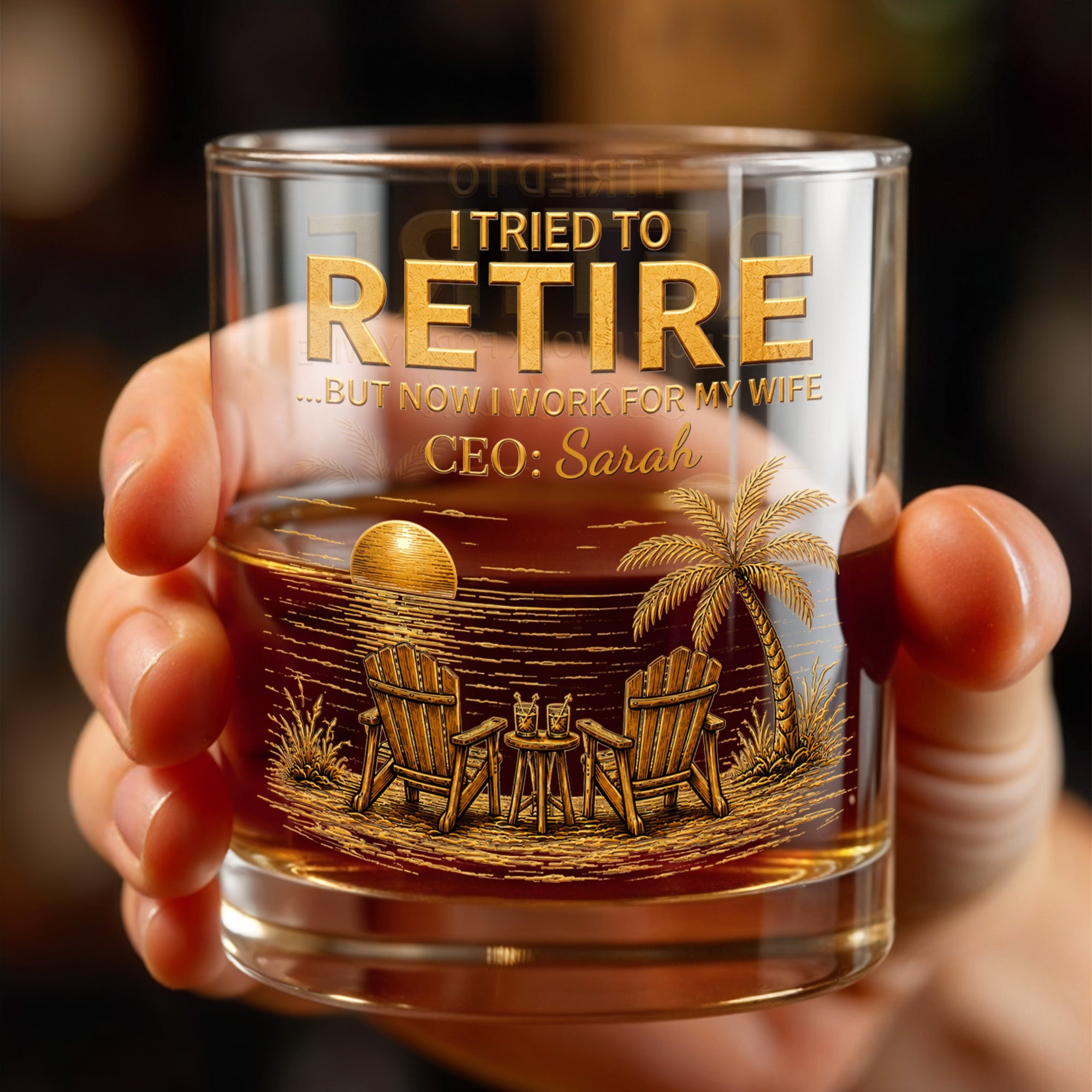 I Tried To Retire But Now I Work For My Wife Beach Scene - Personalized Custom Whiskey Glass - RETIRE135_RWG