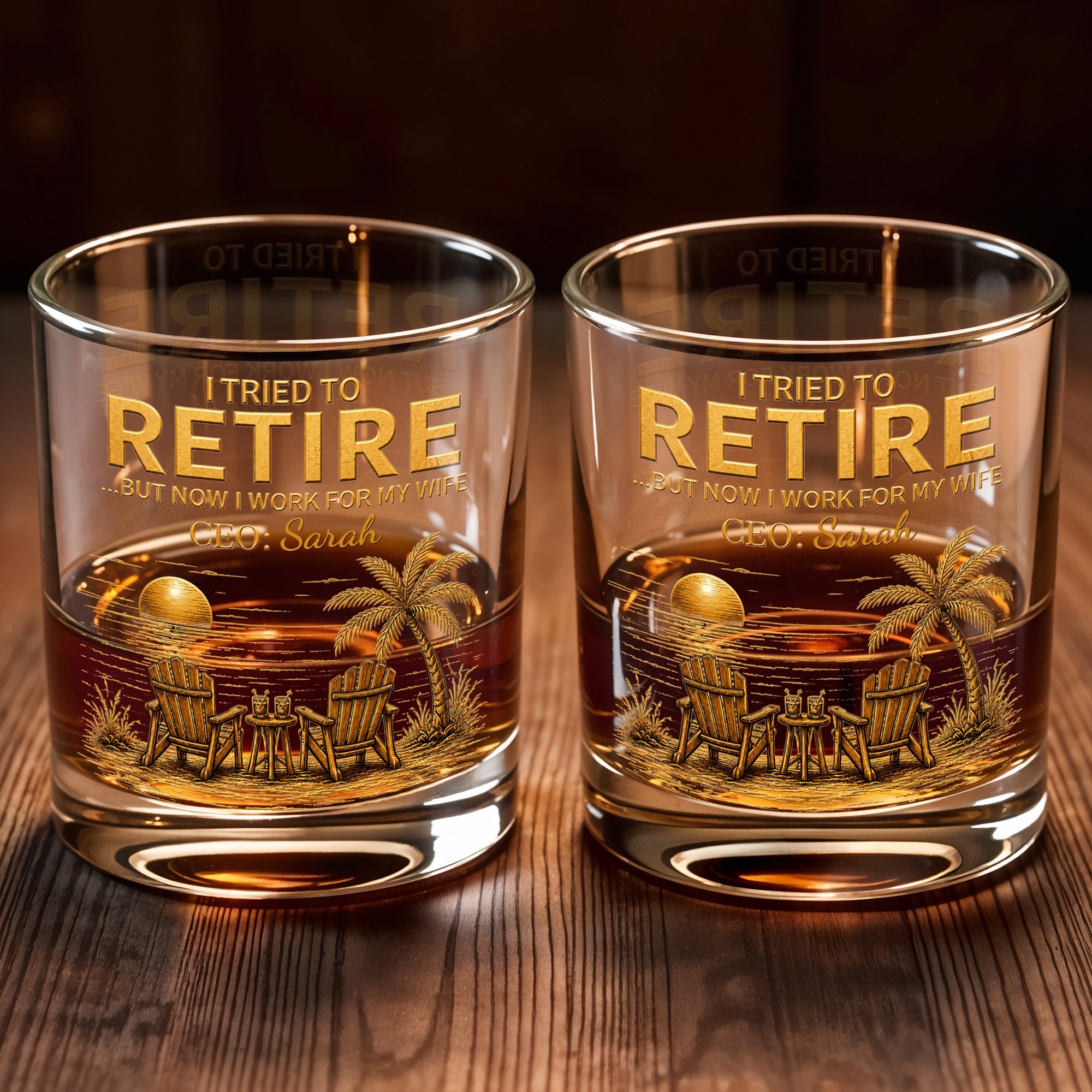 I Tried To Retire But Now I Work For My Wife Beach Scene - Personalized Custom Whiskey Glass - RETIRE135_RWG