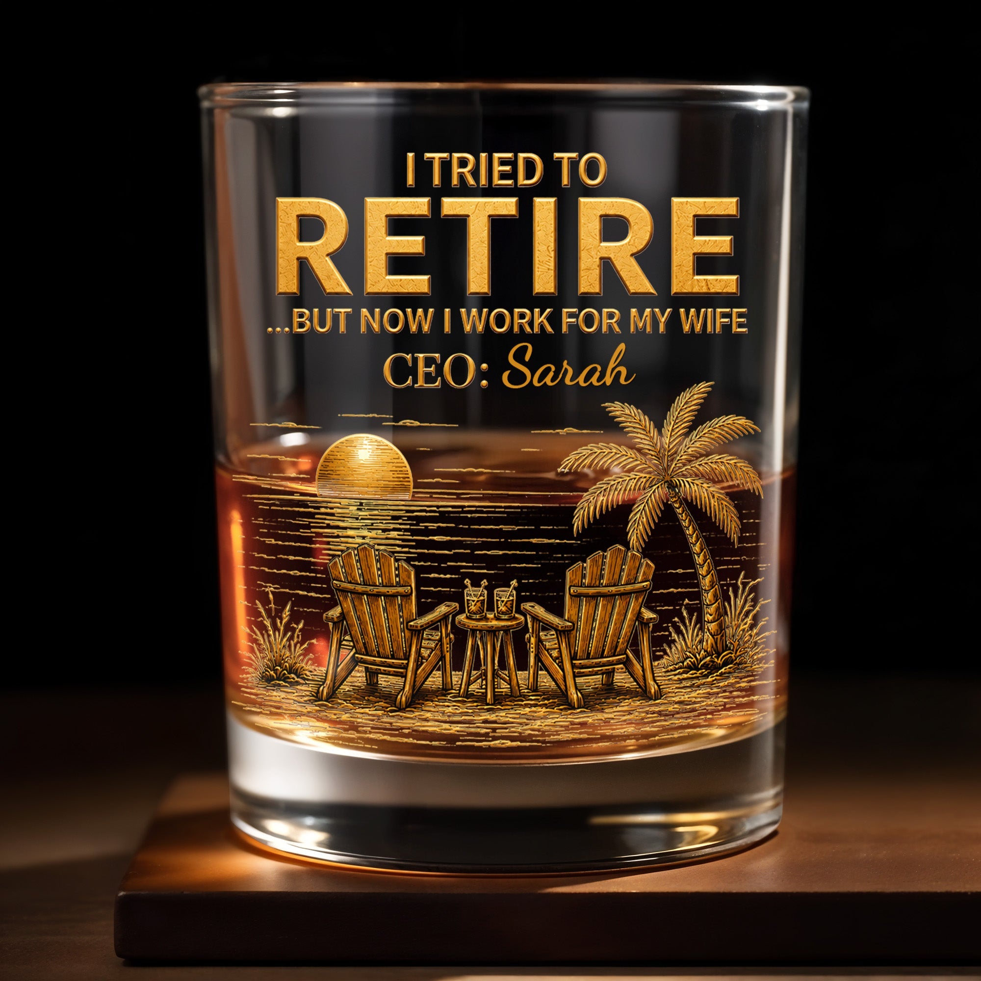 I Tried To Retire But Now I Work For My Wife Beach Scene - Personalized Custom Whiskey Glass - RETIRE135_RWG