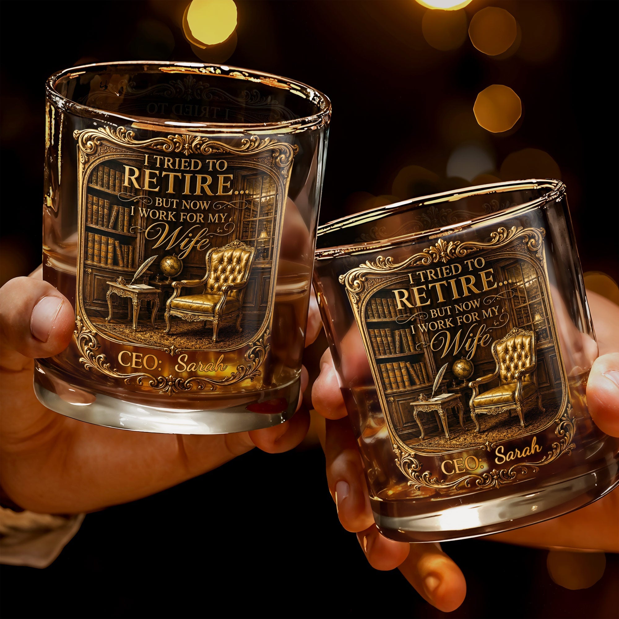 I Tried To Retire But Now I Work For My Wife Gold Library CEO - Personalized Custom Whiskey Glass - RETIRE136_RWG