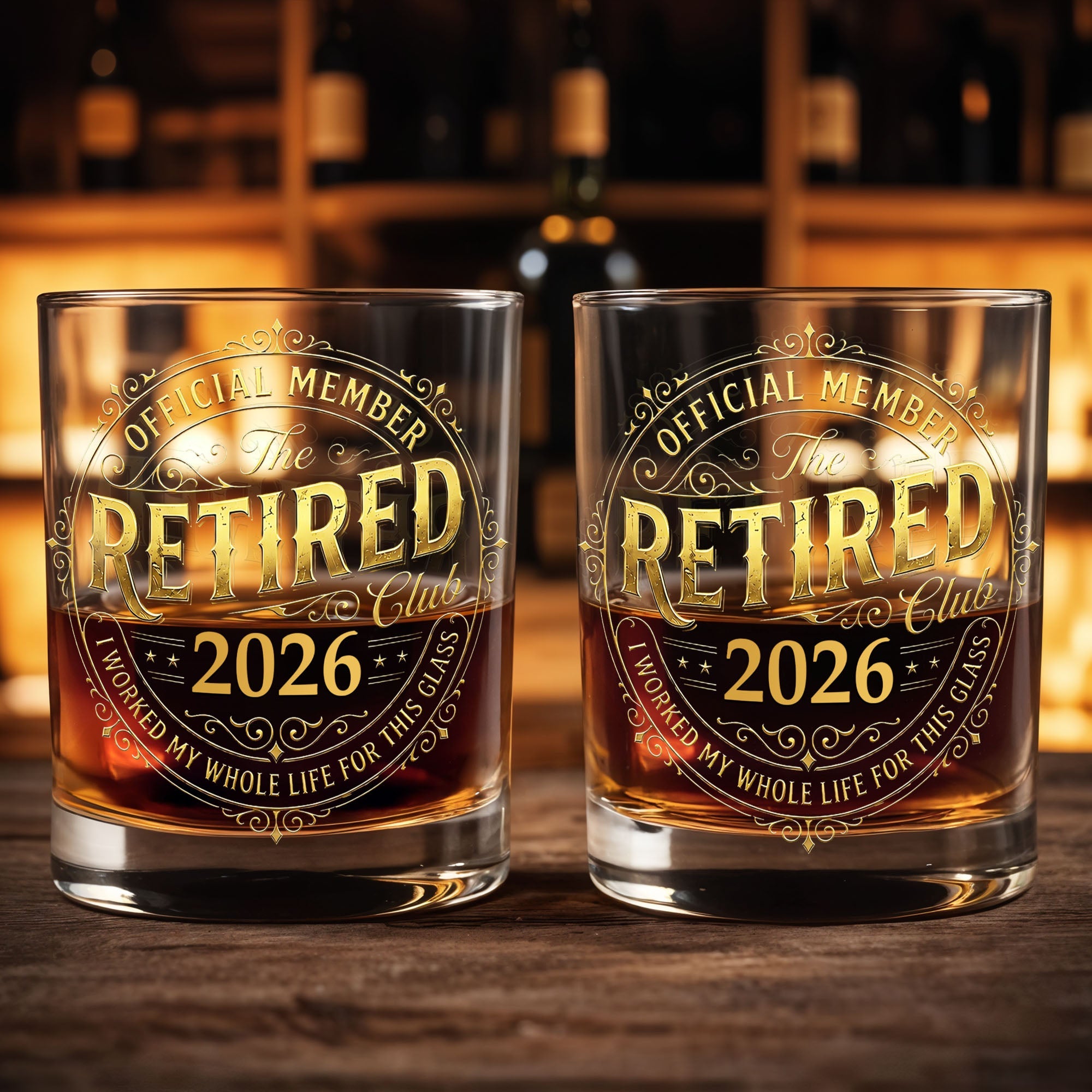 Official Member The Retired Club With Gold Effect Vintage Badge Design - Personalized Custom Whiskey Glass - RETIRE138_RWG