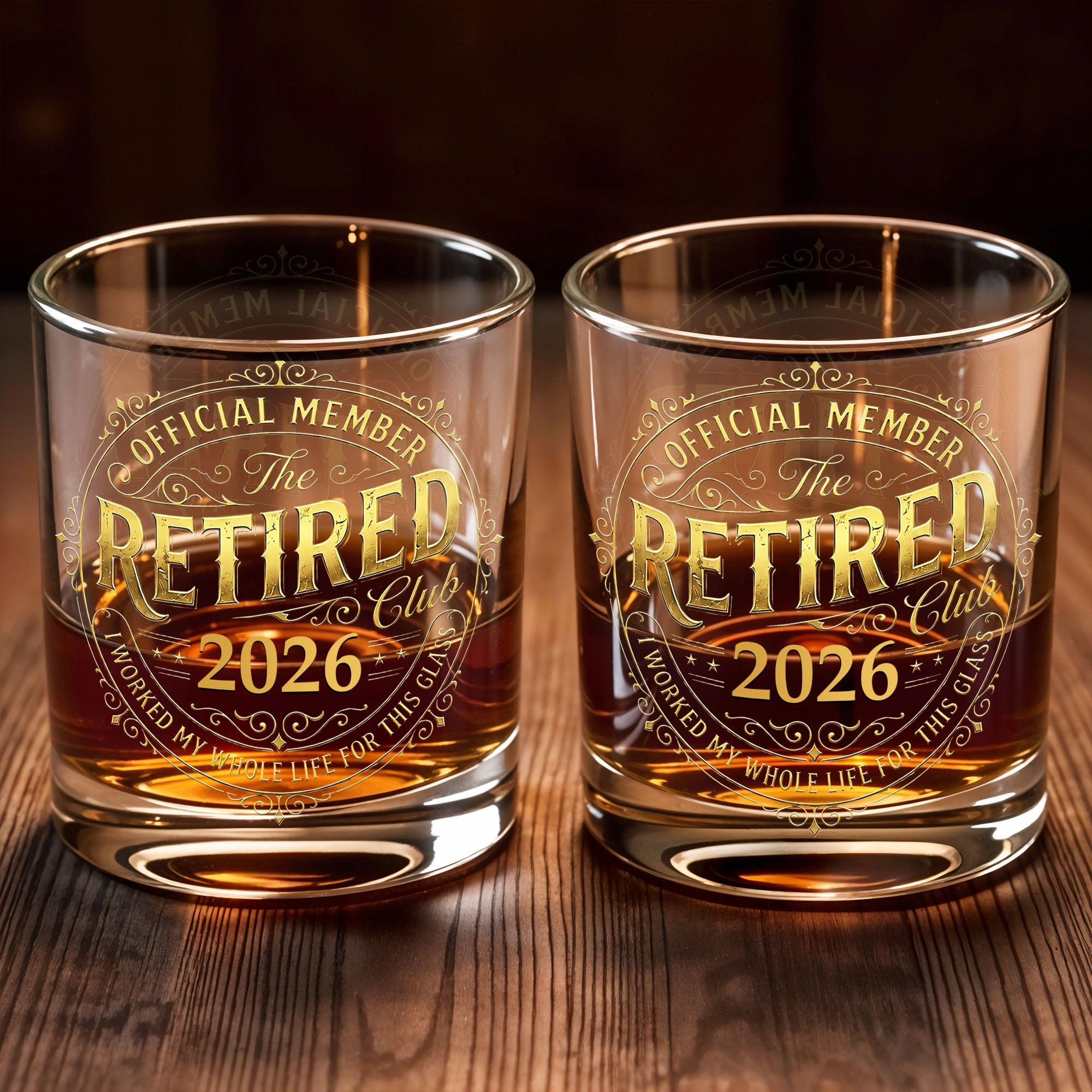 Official Member The Retired Club With Gold Effect Vintage Badge Design - Personalized Custom Whiskey Glass - RETIRE138_RWG