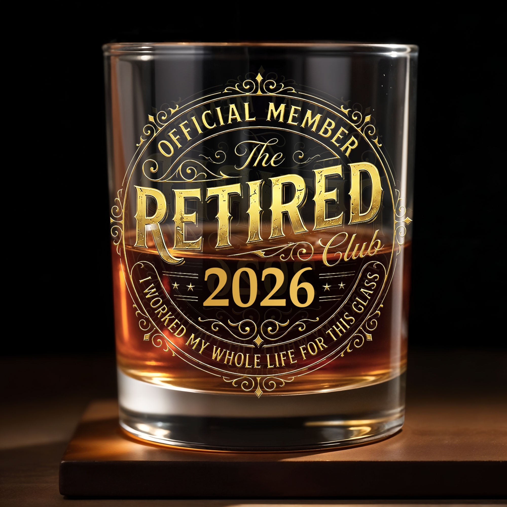 Official Member The Retired Club With Gold Effect Vintage Badge Design - Personalized Custom Whiskey Glass - RETIRE138_RWG