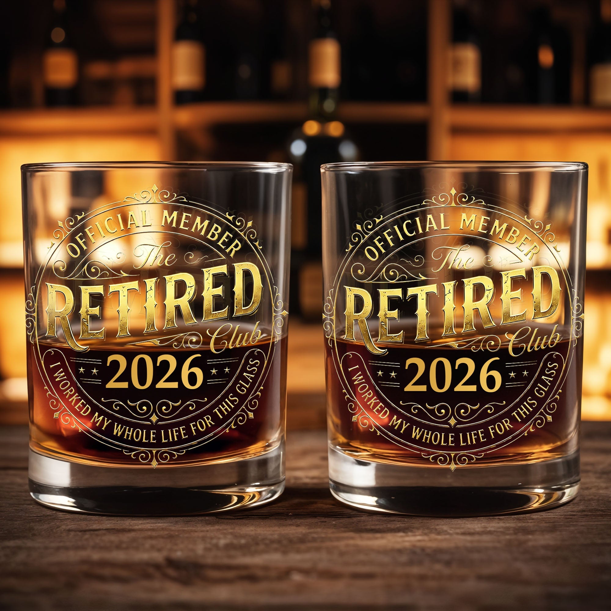 Official Member The Retired Club With Gold Effect Vintage Badge Design - Personalized Custom Whiskey Glass - RETIRE138_RWG
