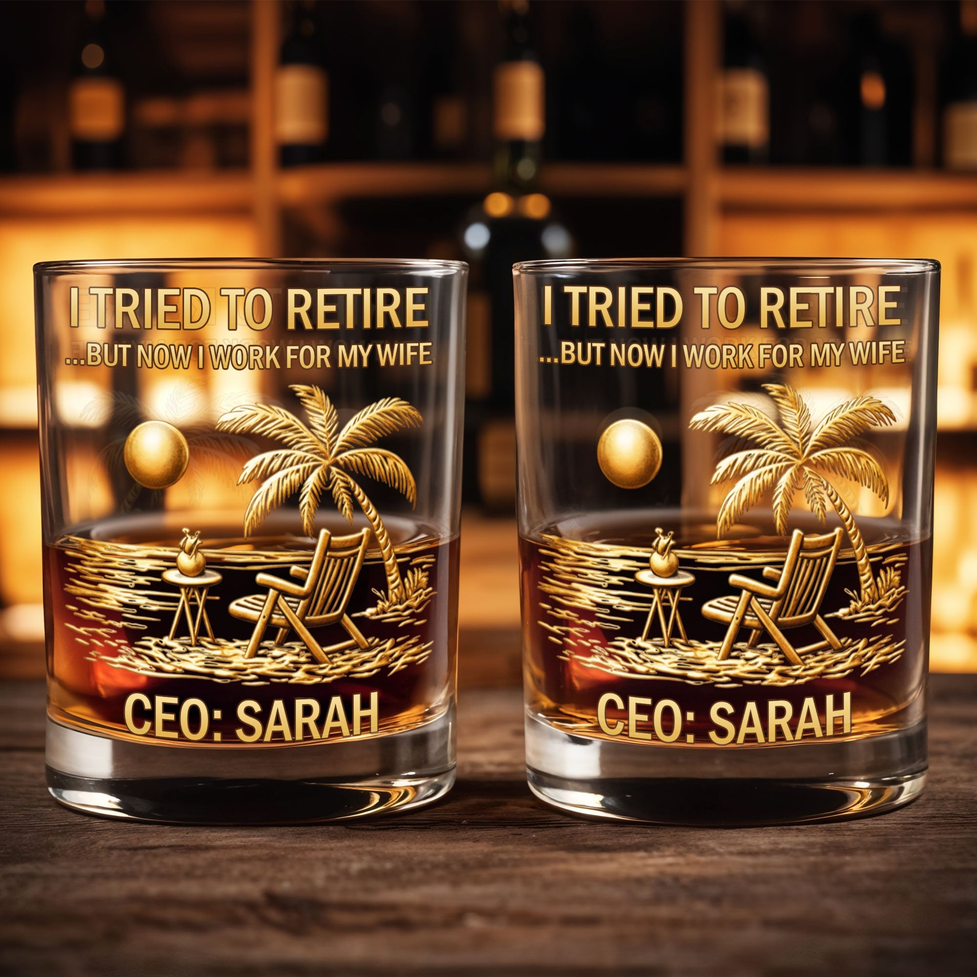 I Tried To Retire Now I Work For My Wife Palm Tree Beach - Personalized Custom Whiskey Glass - RETIRE167_RWG