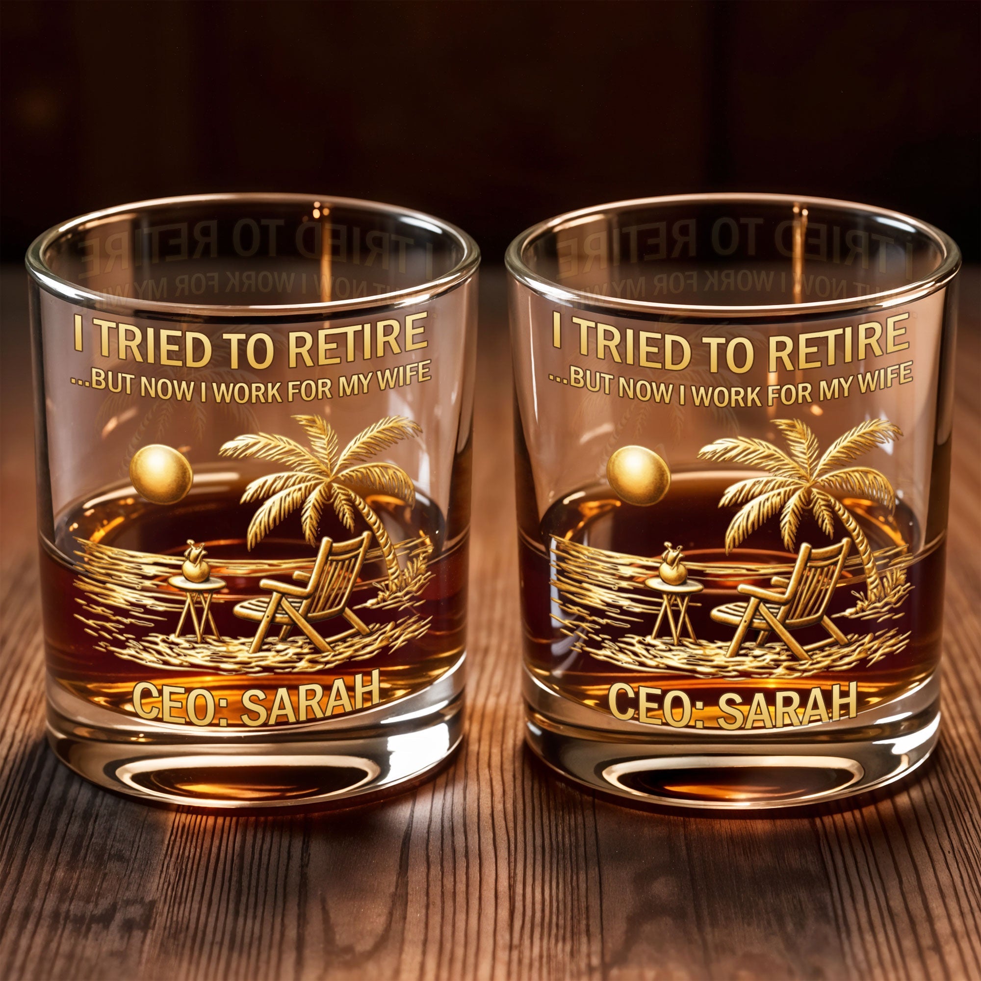 I Tried To Retire Now I Work For My Wife Palm Tree Beach - Personalized Custom Whiskey Glass - RETIRE167_RWG