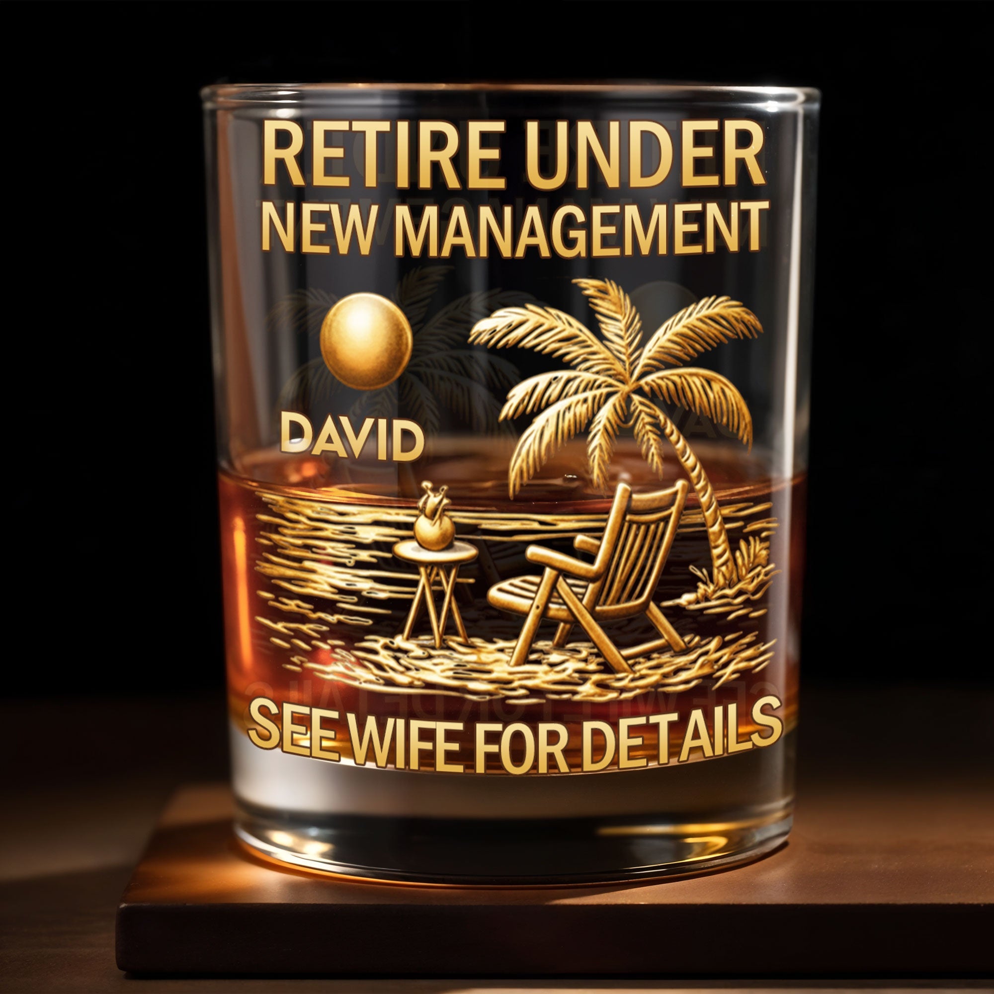 Retire Under New Management Beach Palm Tree Scene - Personalized Custom Whiskey Glass - RETIRE168_RWG