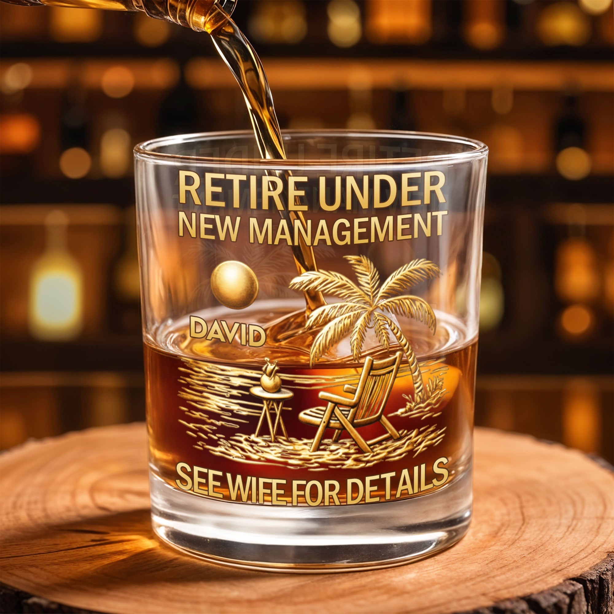 Retire Under New Management Beach Palm Tree Scene - Personalized Custom Whiskey Glass - RETIRE168_RWG