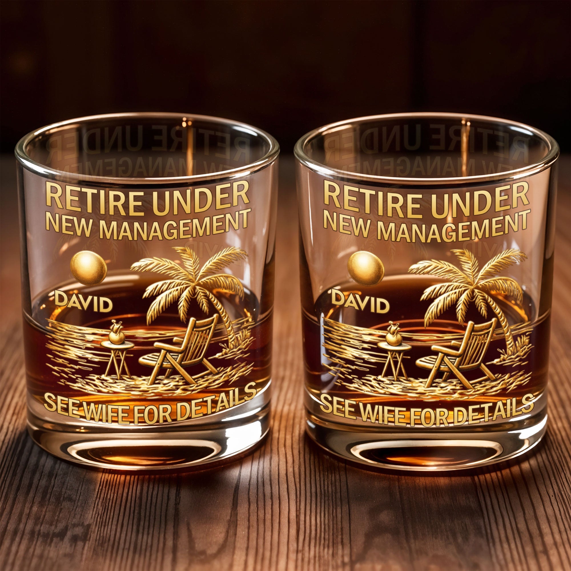 Retire Under New Management Beach Palm Tree Scene - Personalized Custom Whiskey Glass - RETIRE168_RWG