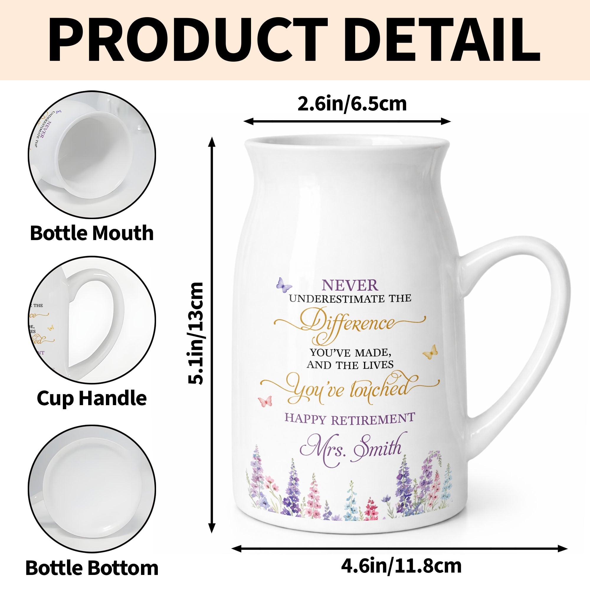 Never Underestimate The Difference You Made Happy Retirement Wildflowers - Personalized Ceramic Flower Vase