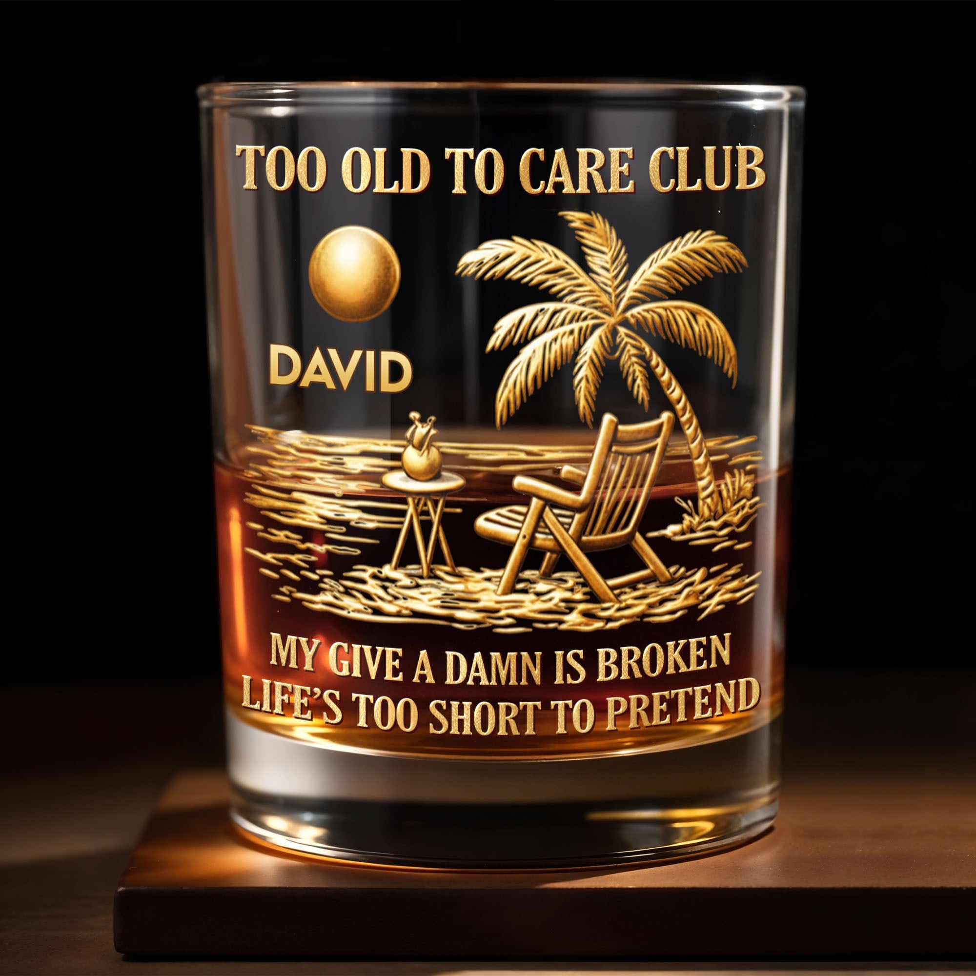 Too Old To Care Club My Give A Damn Is Broken Palm Tree Beach Chair - Personalized Custom Whiskey Glass - RETIRE211_RWG