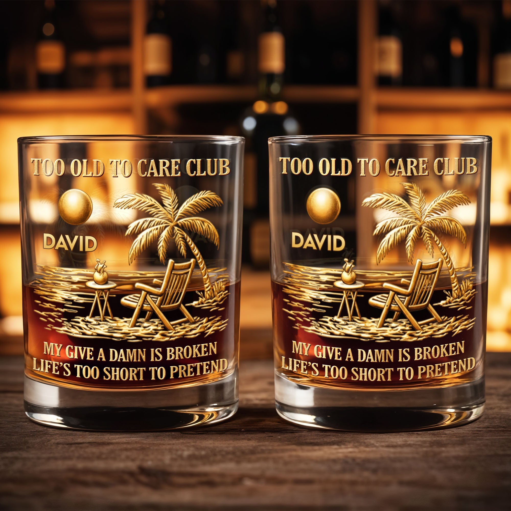 Too Old To Care Club My Give A Damn Is Broken Palm Tree Beach Chair - Personalized Custom Whiskey Glass - RETIRE211_RWG