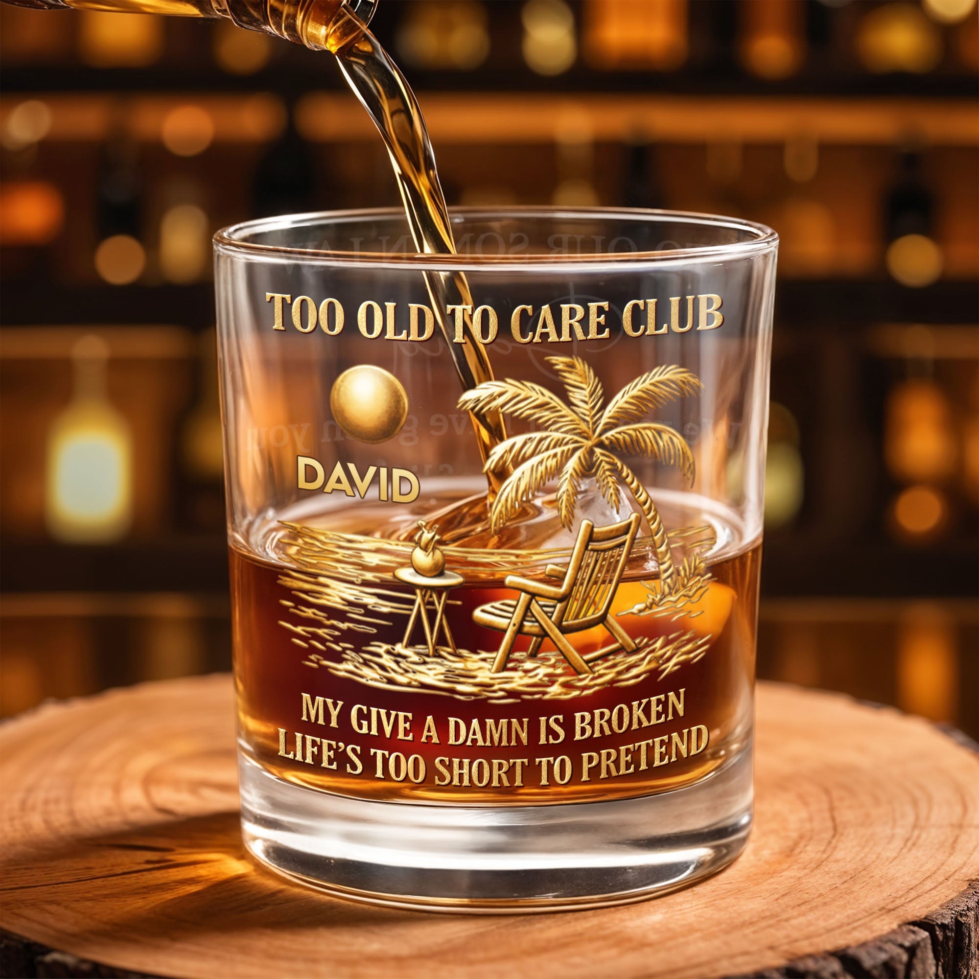Too Old To Care Club My Give A Damn Is Broken Palm Tree Beach Chair - Personalized Custom Whiskey Glass - RETIRE211_RWG