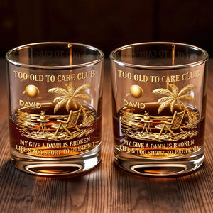 Too Old To Care Club My Give A Damn Is Broken Palm Tree Beach Chair - Personalized Custom Whiskey Glass - RETIRE211_RWG