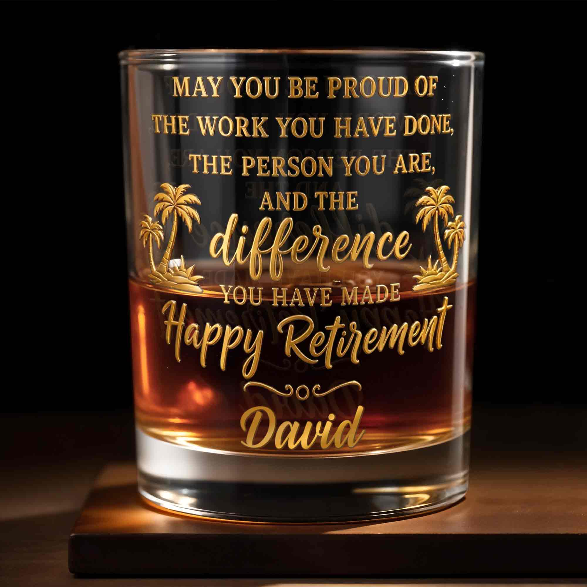 May You Be Proud Happy Retirement With Tropical Palm Trees - Personalized Custom Whiskey Glass - RETIRE212_RWG