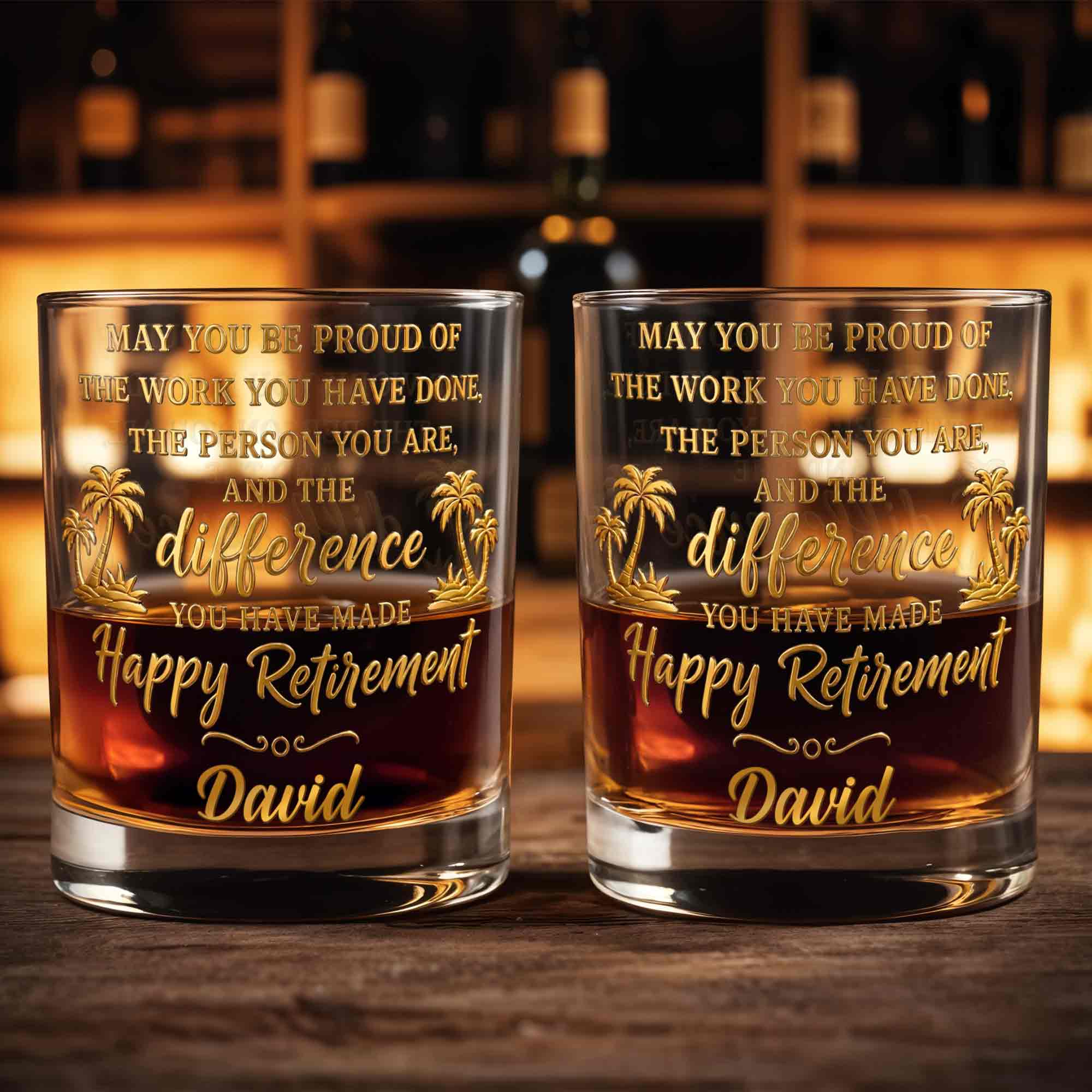 May You Be Proud Happy Retirement With Tropical Palm Trees - Personalized Custom Whiskey Glass - RETIRE212_RWG