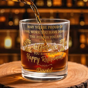 May You Be Proud Happy Retirement With Tropical Palm Trees - Personalized Custom Whiskey Glass - RETIRE212_RWG