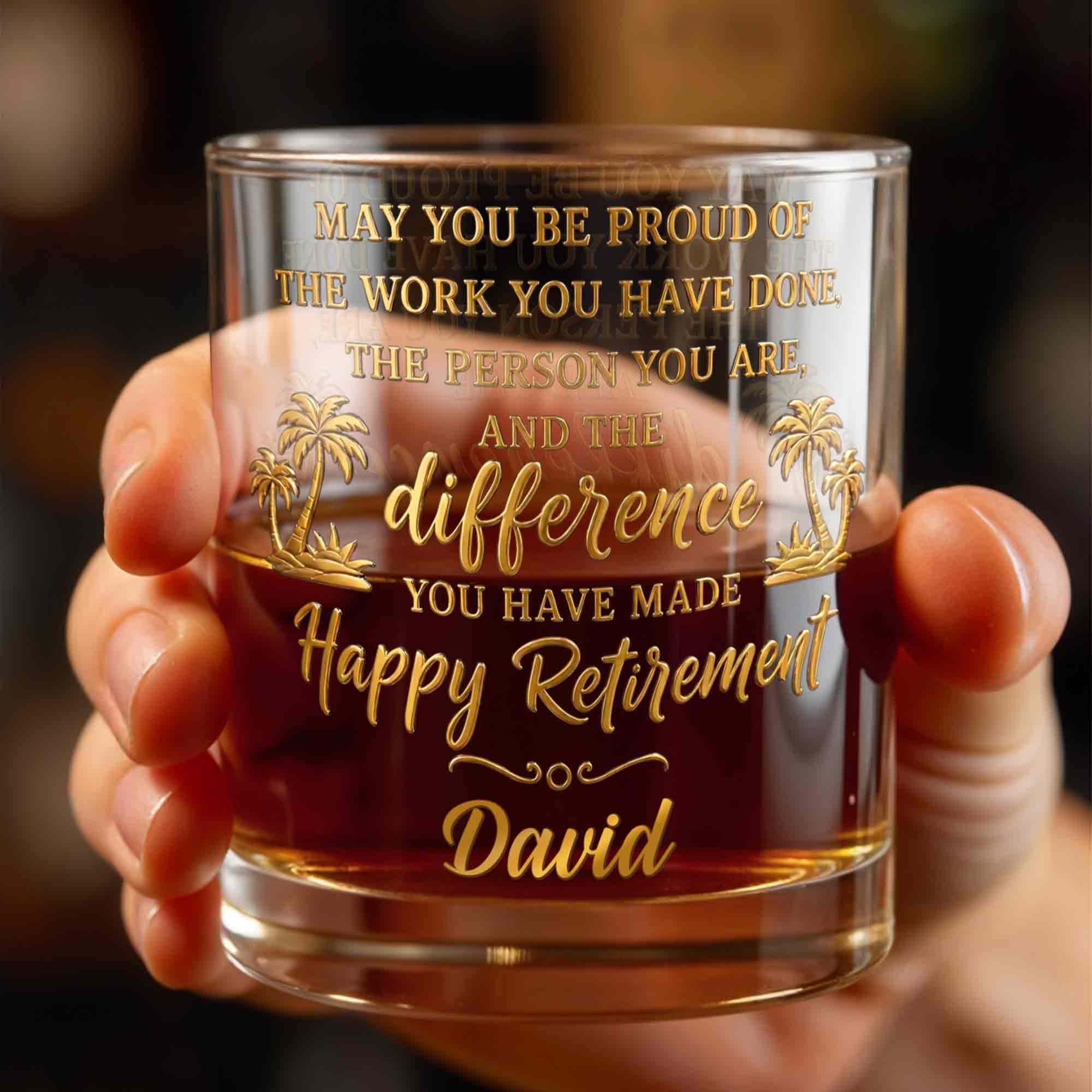 May You Be Proud Happy Retirement With Tropical Palm Trees - Personalized Custom Whiskey Glass - RETIRE212_RWG