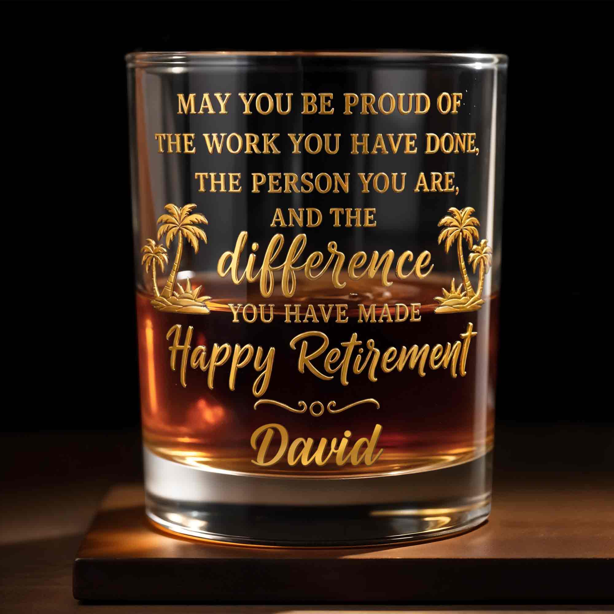 May You Be Proud Happy Retirement With Tropical Palm Trees - Personalized Custom Whiskey Glass - RETIRE212_RWG