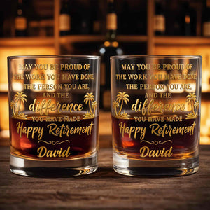 May You Be Proud Happy Retirement With Tropical Palm Trees - Personalized Custom Whiskey Glass - RETIRE212_RWG