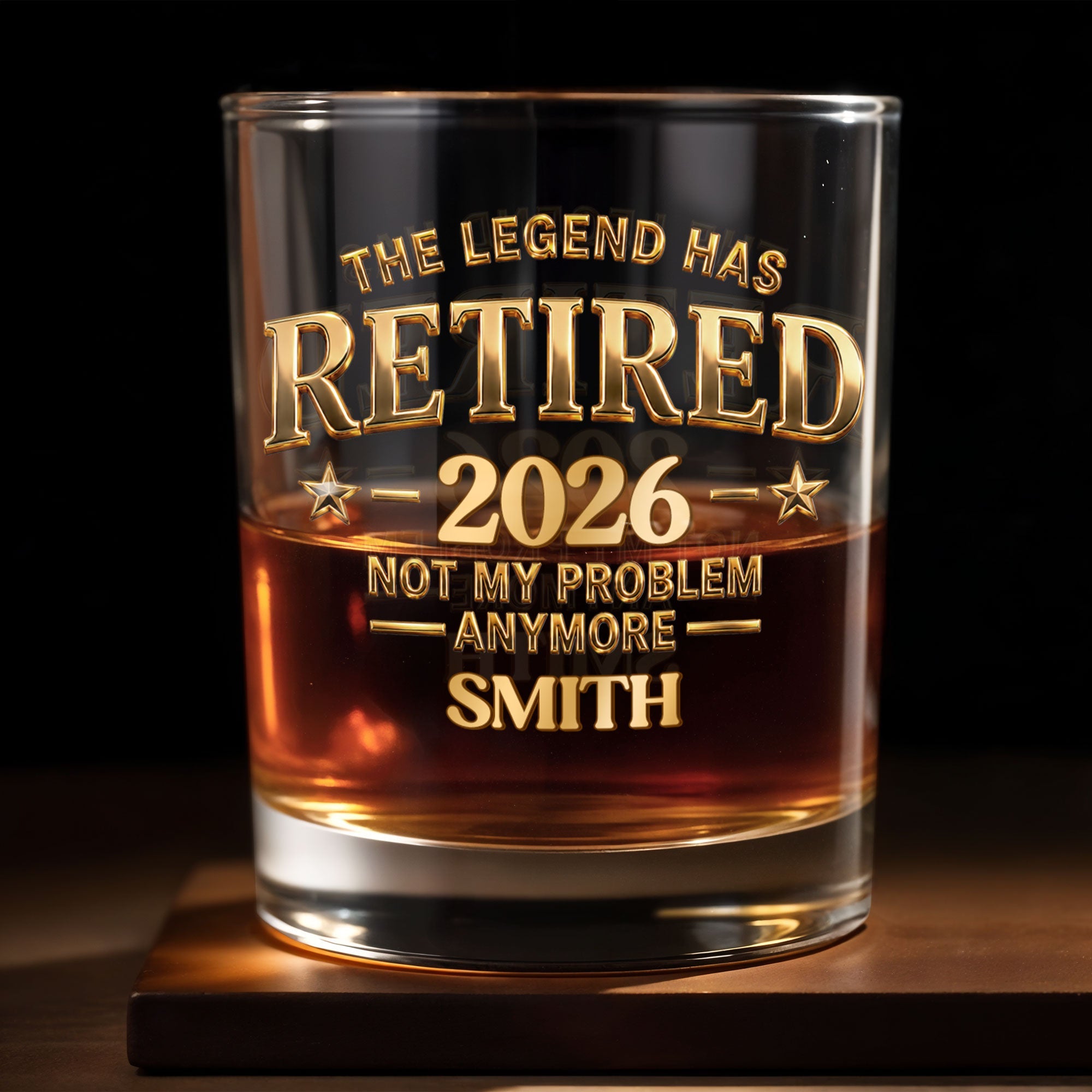 The Legend Has Retired Not My Problem Anymore Gold Stars Typography - Personalized Custom Whiskey Glass - RETIRE218_RWG