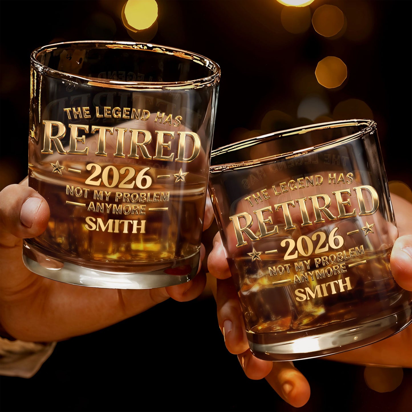 The Legend Has Retired Not My Problem Anymore Gold Stars Typography - Personalized Custom Whiskey Glass - RETIRE218_RWG
