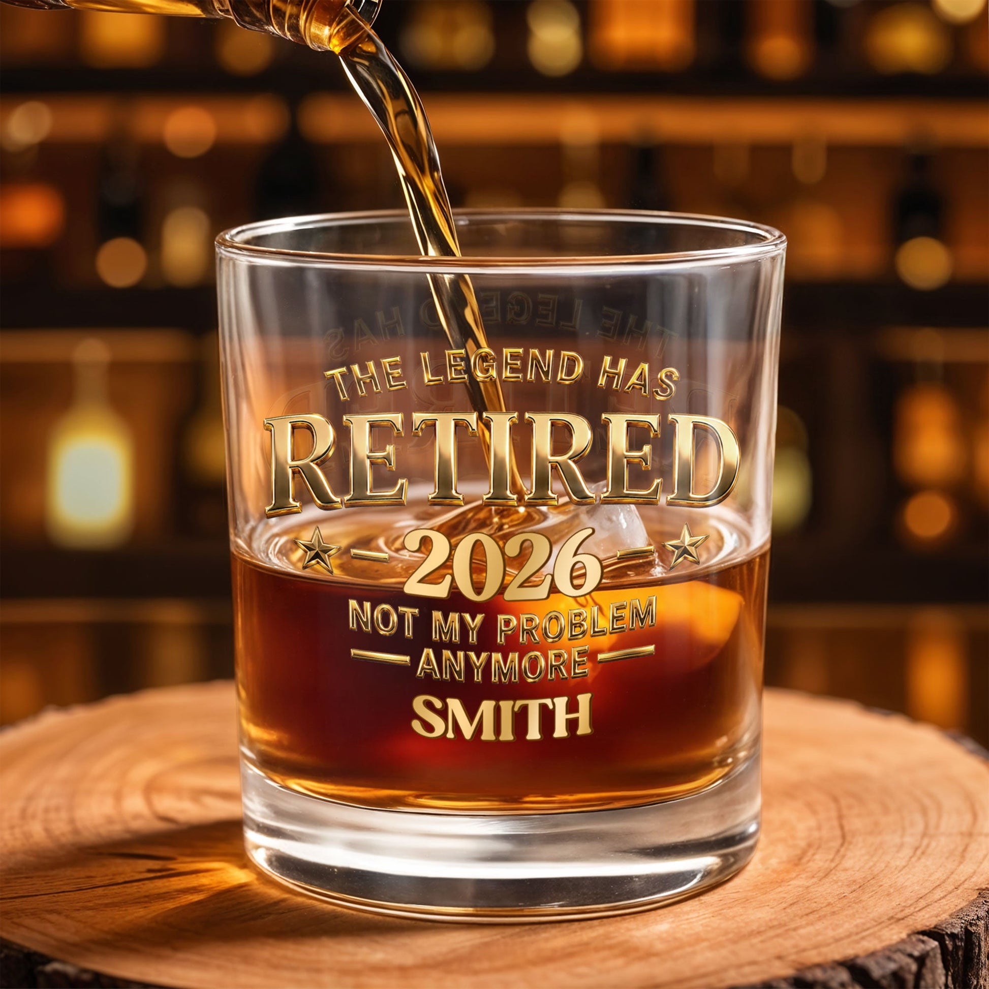 The Legend Has Retired Not My Problem Anymore Gold Stars Typography - Personalized Custom Whiskey Glass - RETIRE218_RWG
