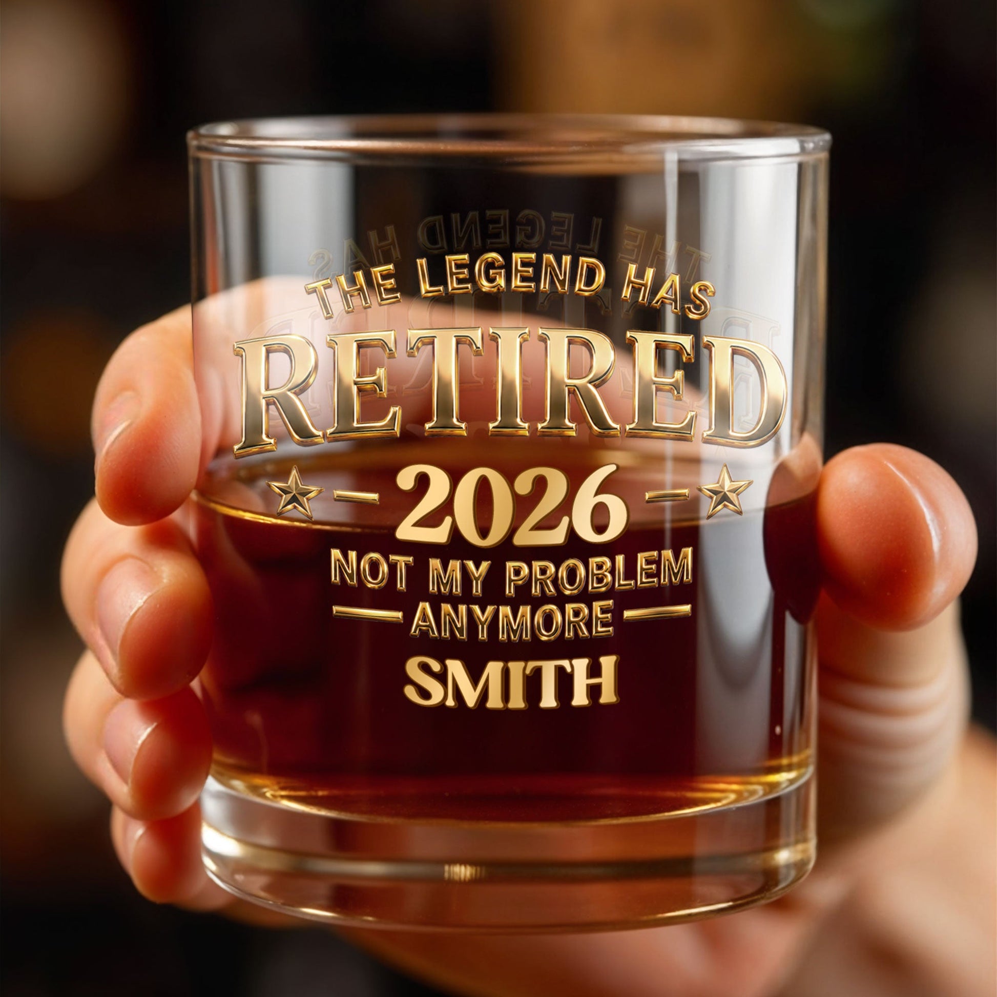 The Legend Has Retired Not My Problem Anymore Gold Stars Typography - Personalized Custom Whiskey Glass - RETIRE218_RWG