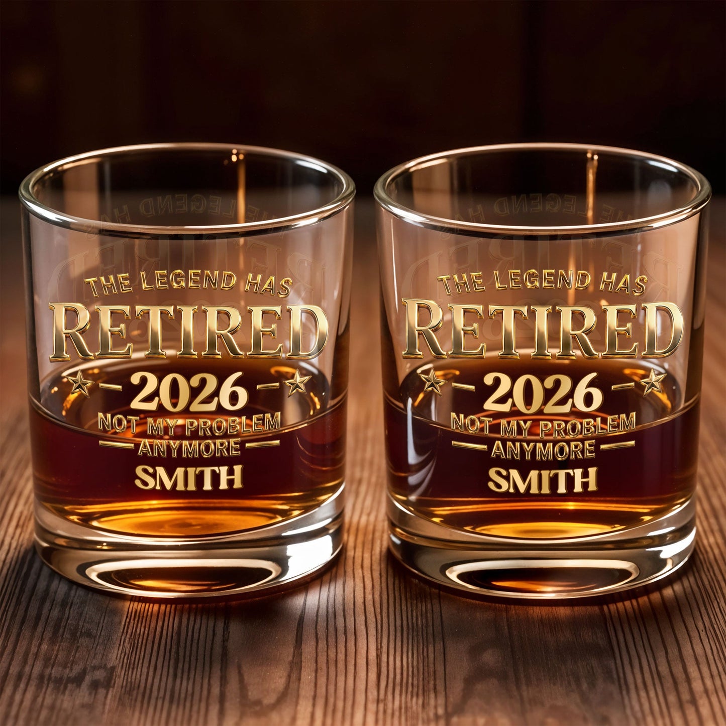 The Legend Has Retired Not My Problem Anymore Gold Stars Typography - Personalized Custom Whiskey Glass - RETIRE218_RWG