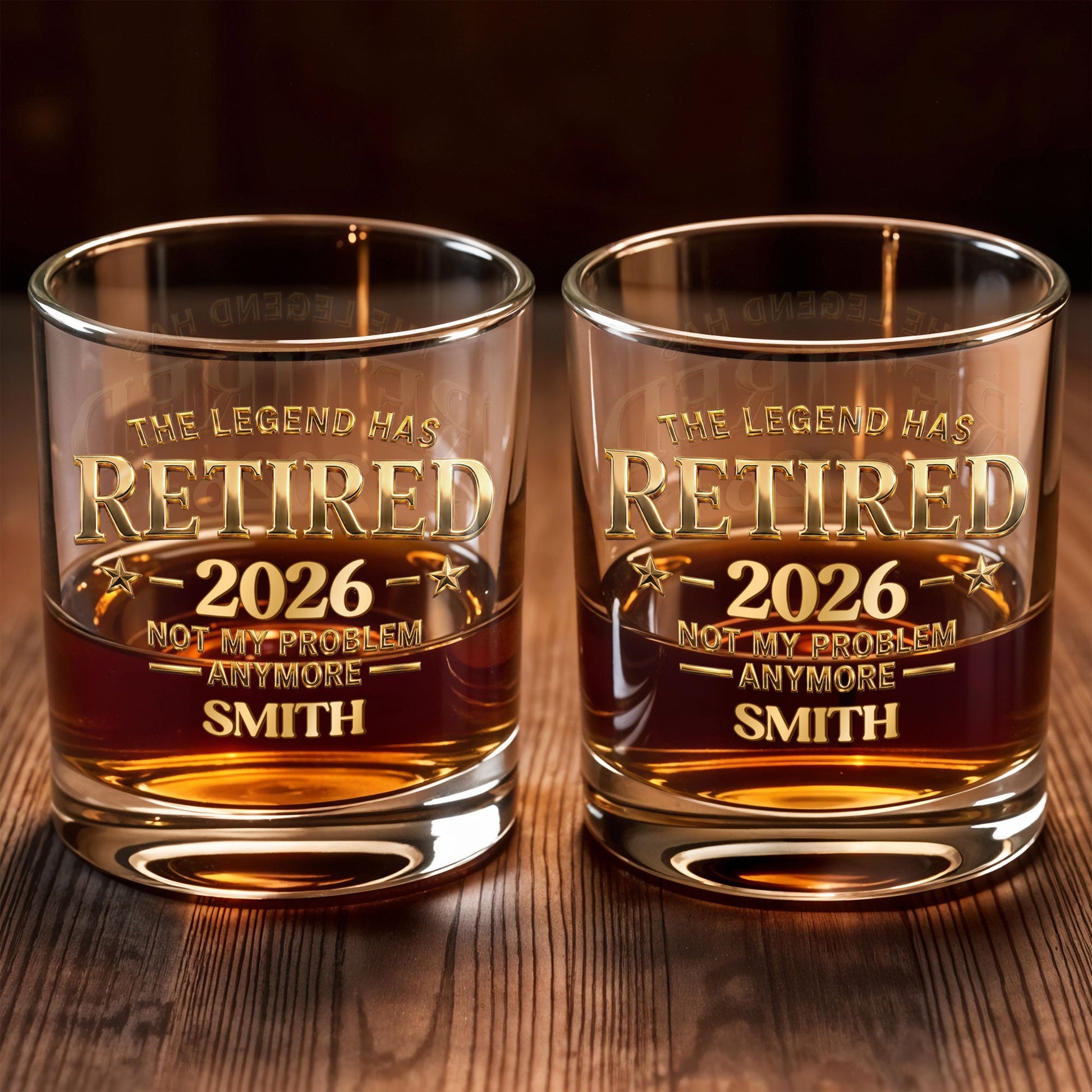 The Legend Has Retired Not My Problem Anymore Gold Stars Typography - Personalized Custom Whiskey Glass - RETIRE218_RWG