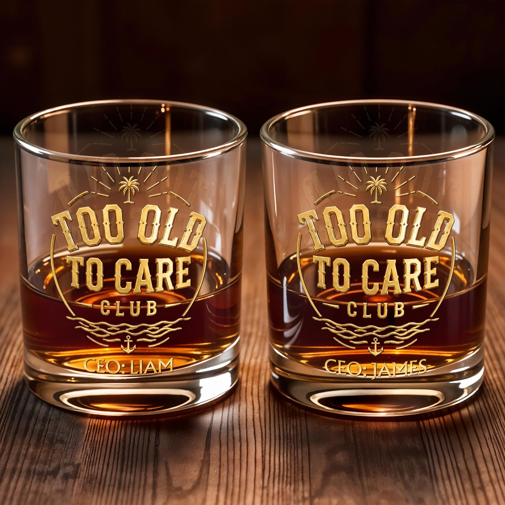 Too Old To Care Club Palm Tree And Anchor Custom Name - Personalized Custom Whiskey Glass - RETIRE219_RWG