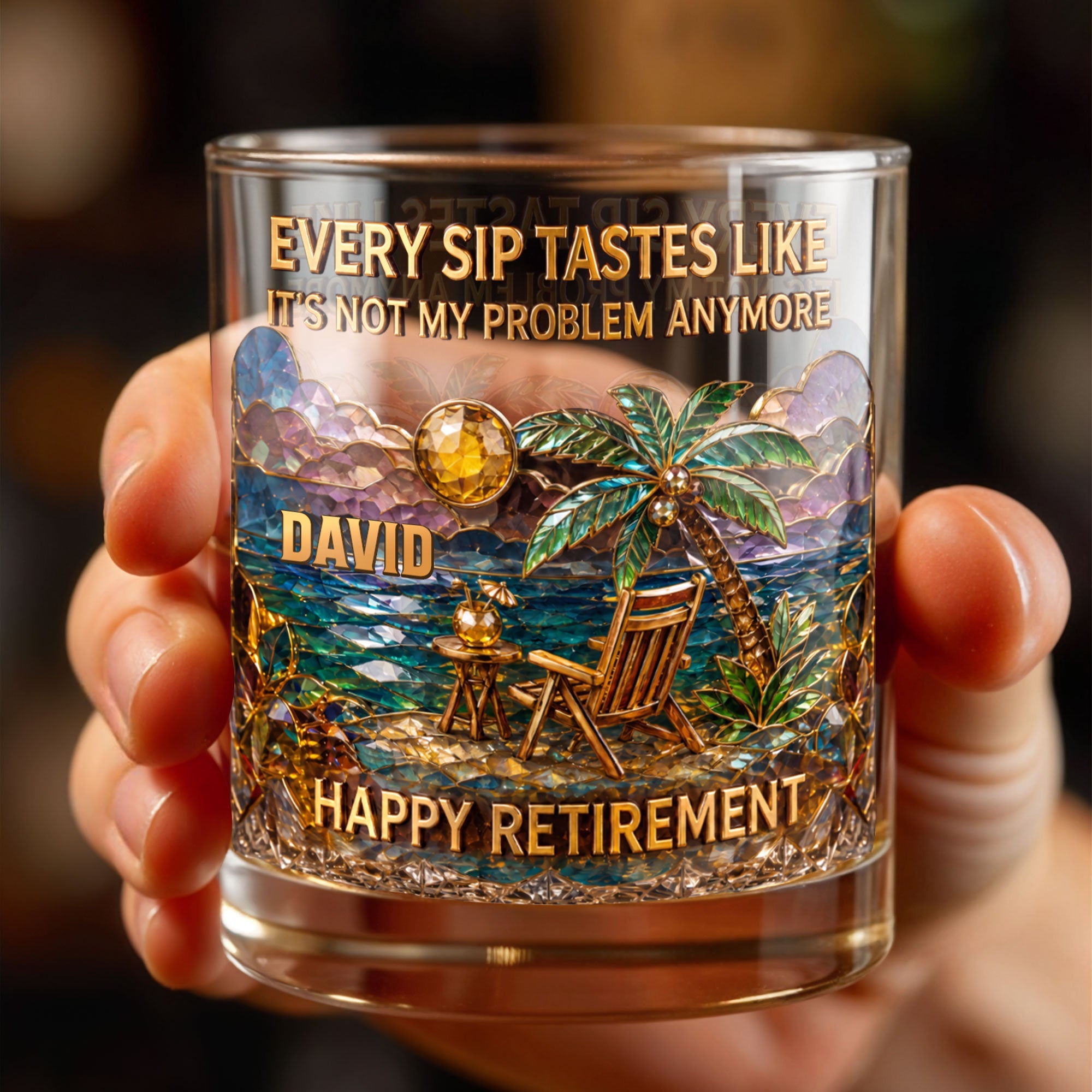 Every Sip Tastes Like Not My Problem Anymore Palm Tree Beach Retirement - Personalized Custom Whiskey Glass - RETIRE229_RWG